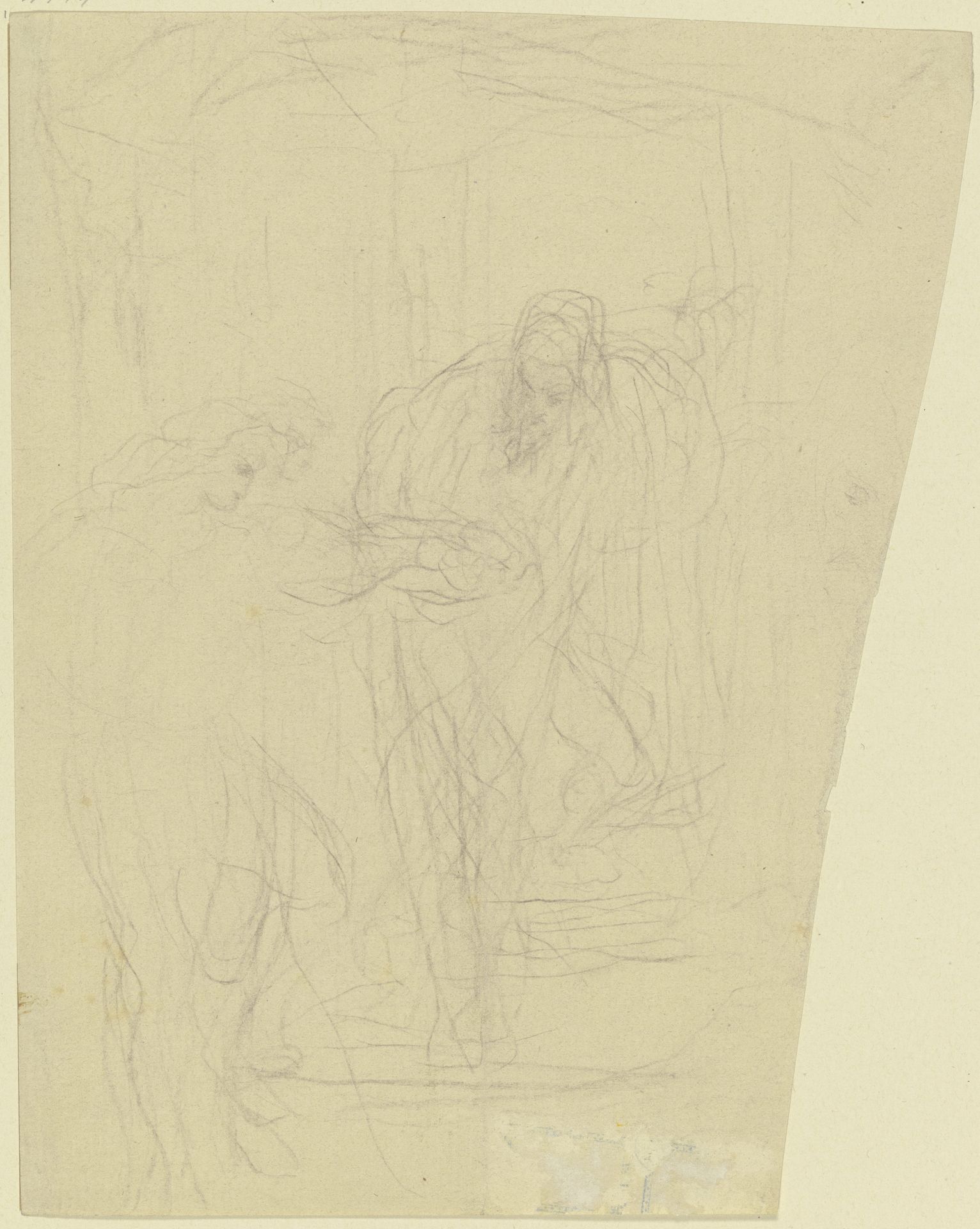 Ein bärtiger Mann führt eine junge Frau eine Treppe hinauf by Victor Müller