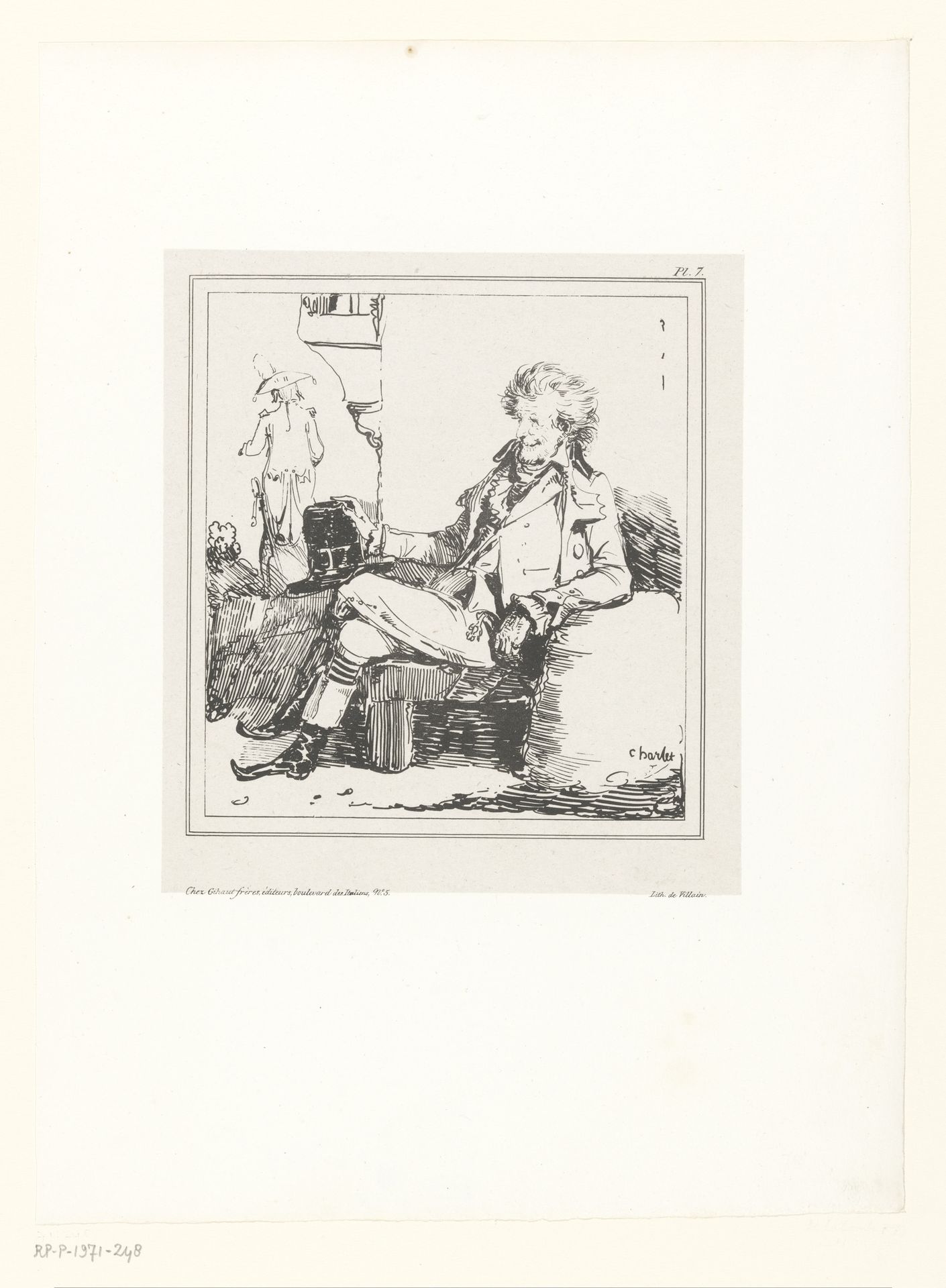 Oude heer gezeten op een bank by Nicolas Toussaint Charlet