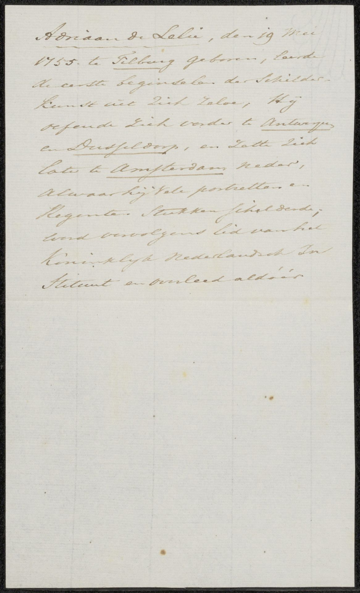 Aantekening betreffende Adriaan de Lelie by Anonymous