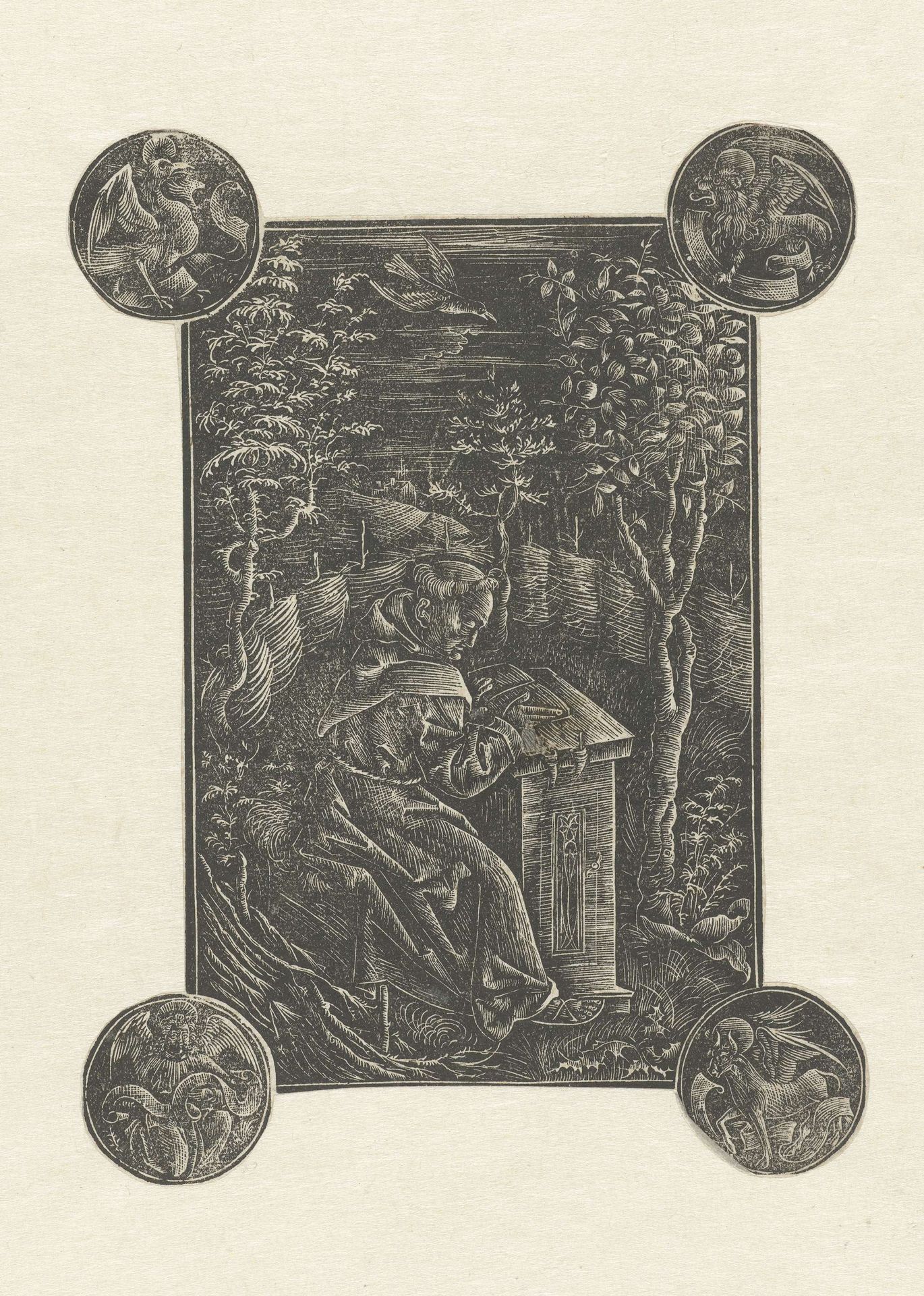 De Franciscaner monnik Ossváld Pelbárt (Pelbartus) in een tuin en de vier evangelistensymbolen by Anonymous