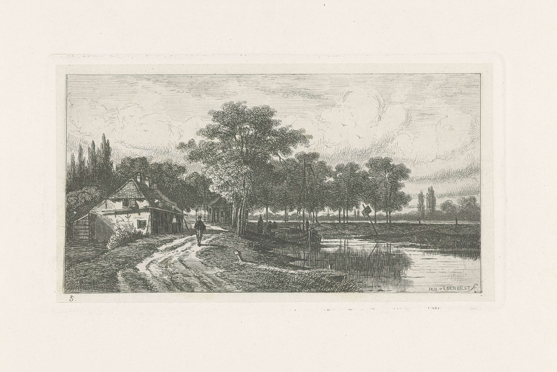 Landschap met aangemeerde boot by Jan van Lokhorst