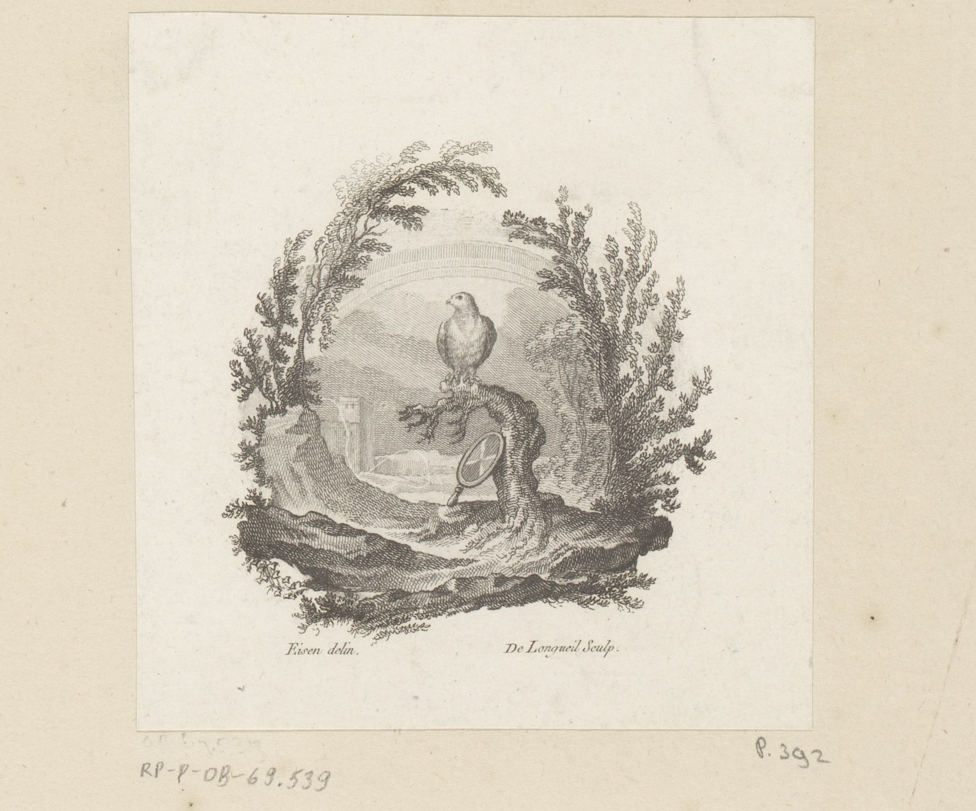 Roofvogel op tak met spiegel by Joseph de Longueil