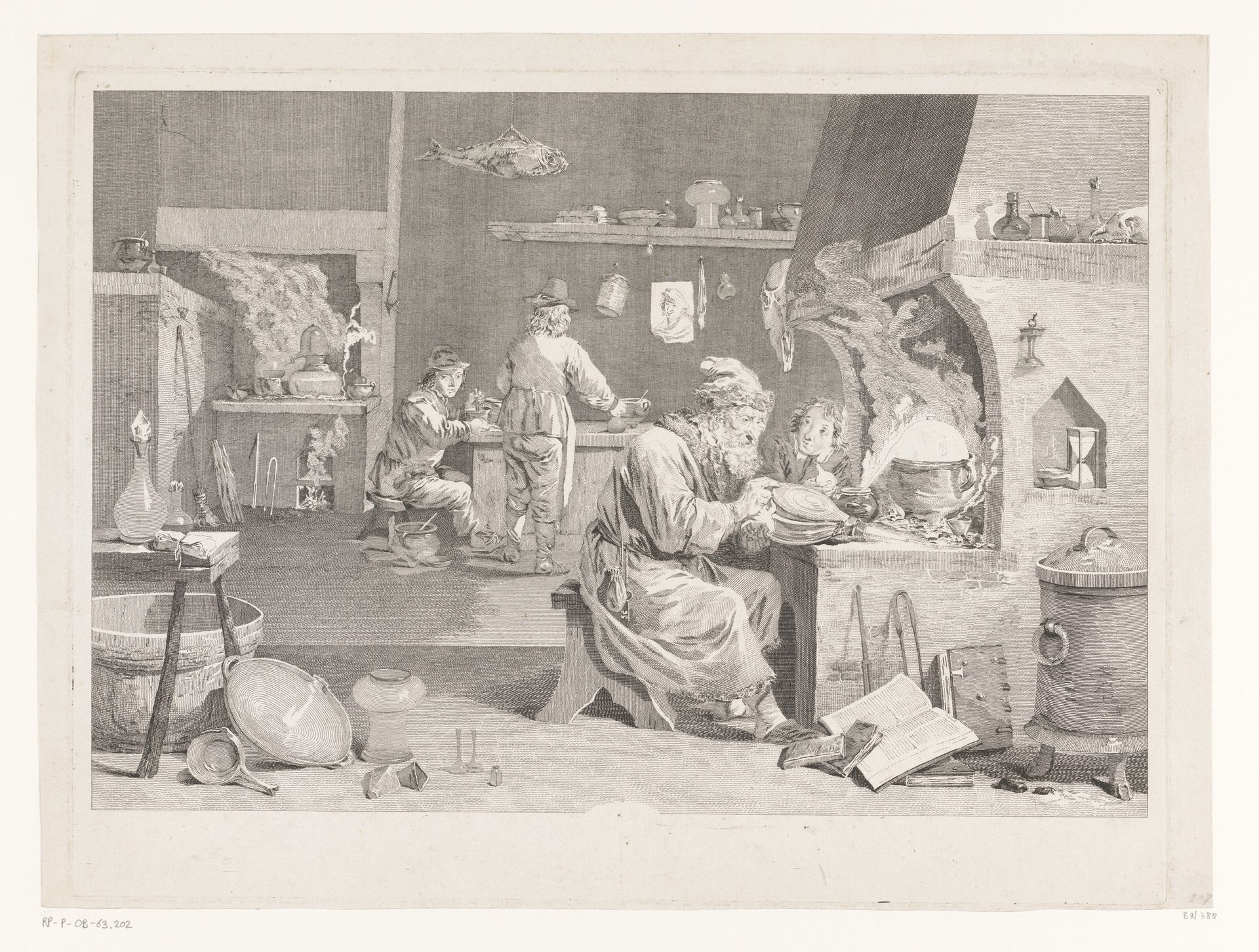 Alchemist in zijn werkplaats by Jacques Philippe Le Bas