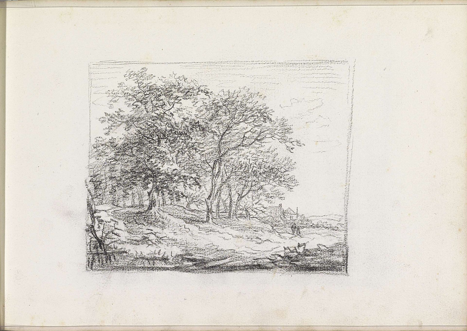 Figuren op een pad langs een bomengroep by Andreas Schelfhout