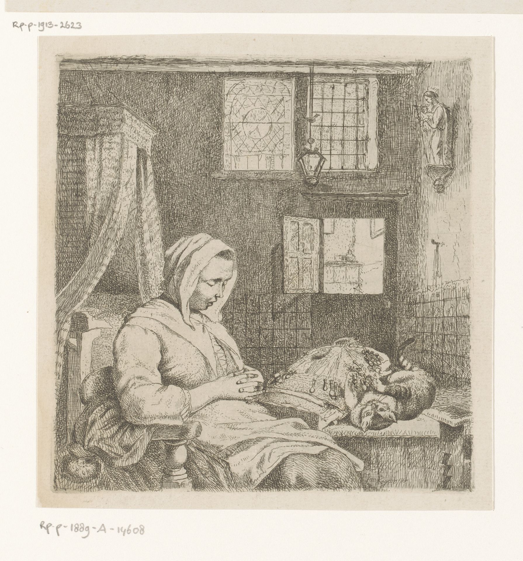 Slapende kantwerkster in een interieur met kat op tafel by Ignatius Josephus Van Regemorter