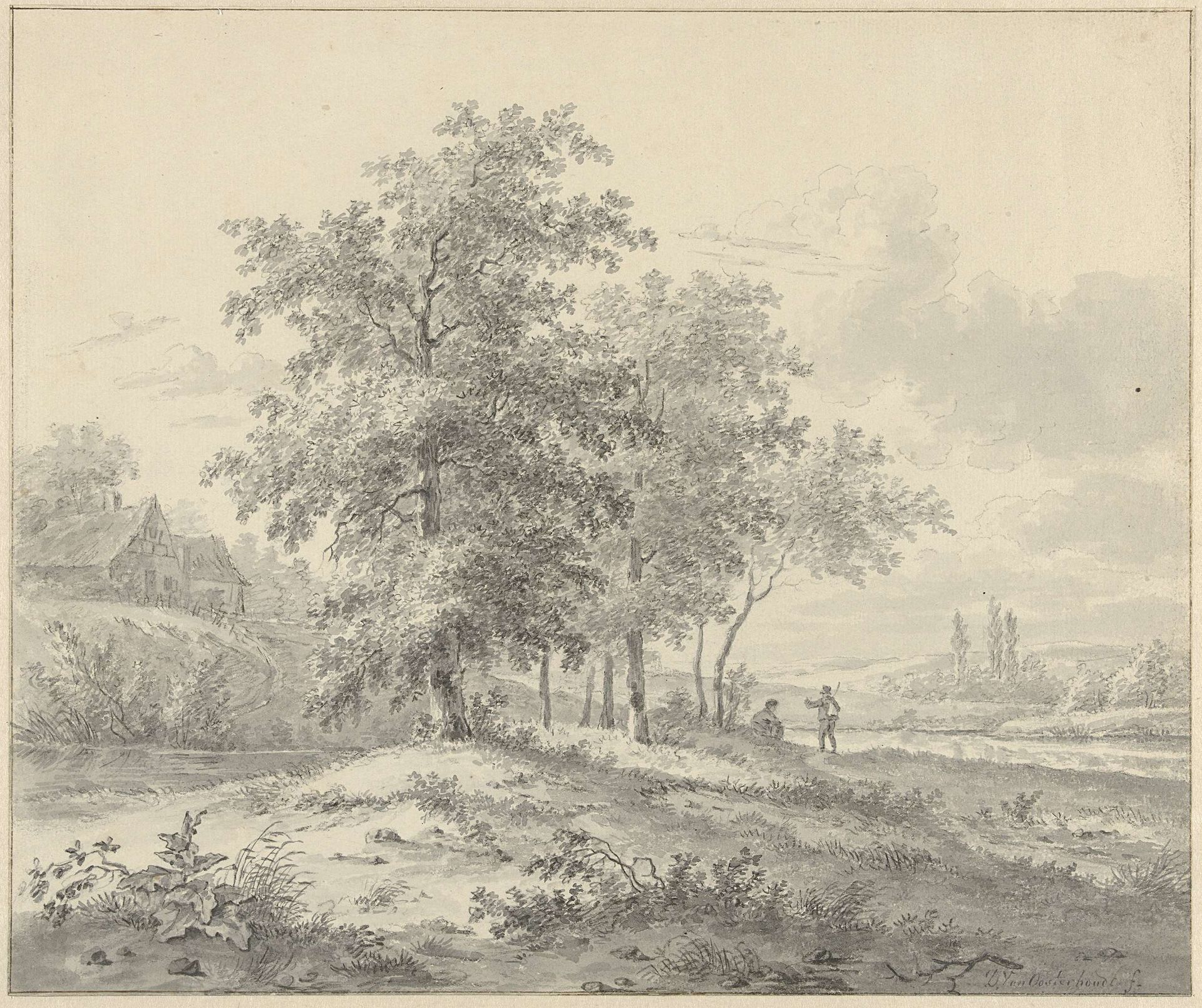 Landschap met twee figuren onder bomen by Daniël van Oosterhoudt