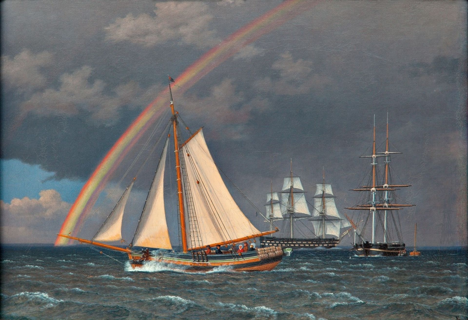 Rainbow at Sea and a Crossing Hunt with other Ships by Christoffer Wilhelm Eckersberg