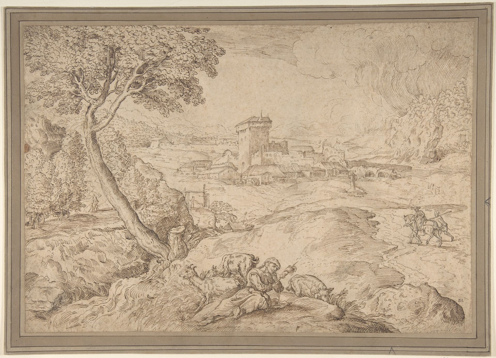 Landscape with an Old Woman Holding a Spindle by Domenico Campagnola