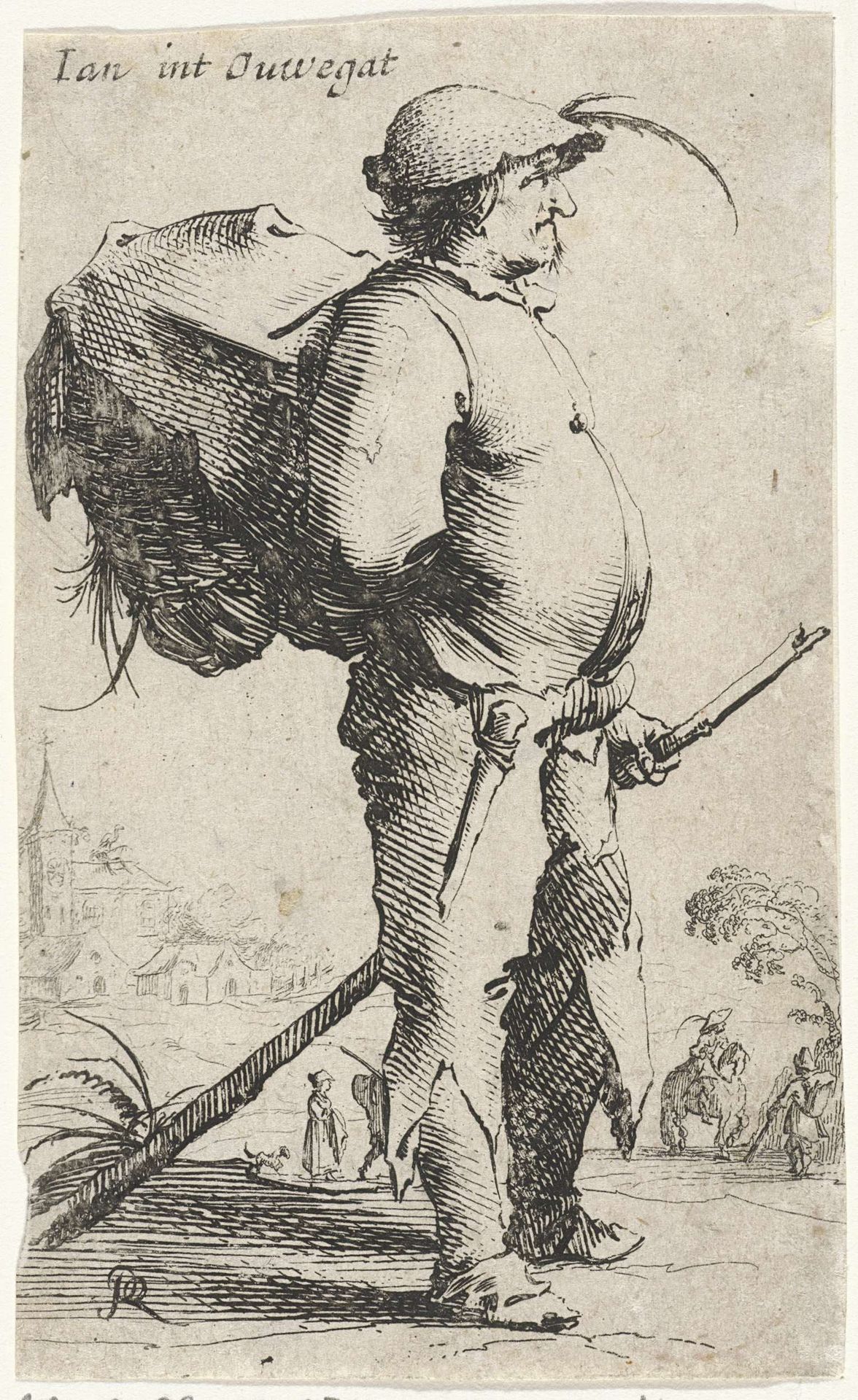 Man met rugzak en stok, gezien en profil by Salomon Savery