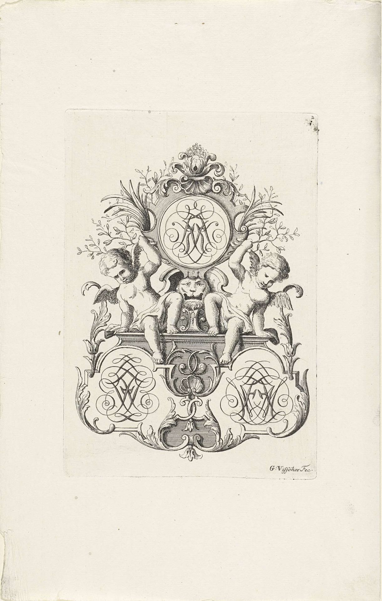Twee putti dragen een cartouche met monogram by Gerrit Visscher