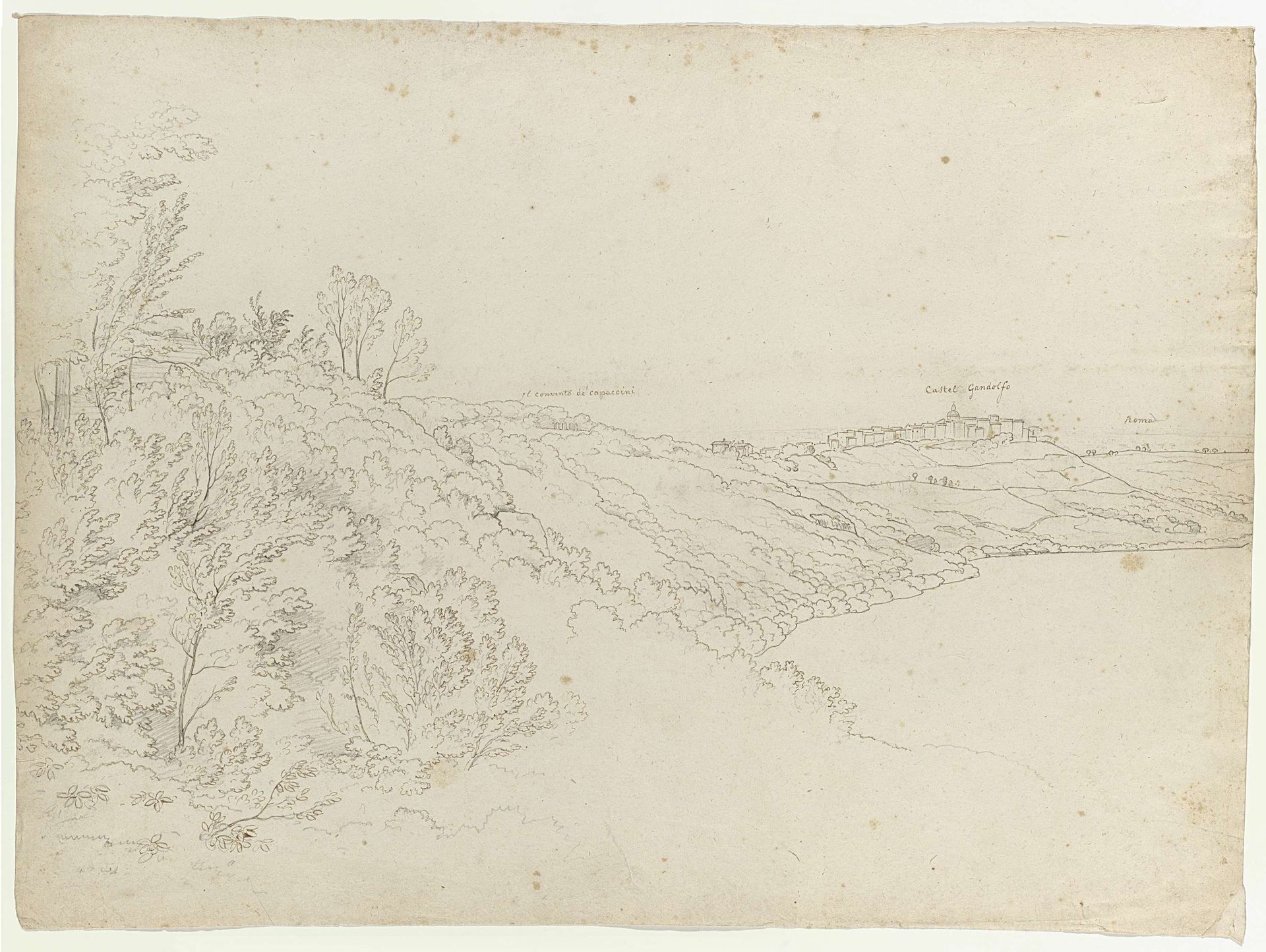 Gezicht ten zuiden van Rome, met Castel Gandolfo aan de overkant van het Meer van Albano by Abraham Teerlink