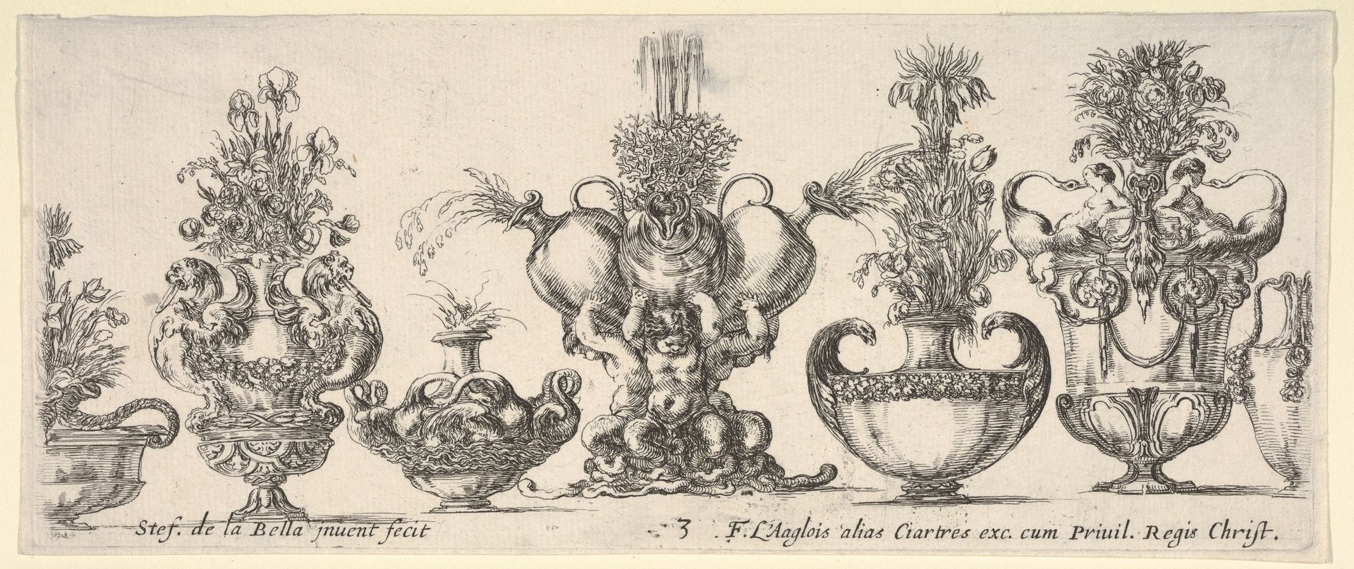 Seven vases, the vase in the middle formed by three infants, each holding an ewer, Plate 3 from: 'Collection of Various Vases' (Raccolta di Vasi Diversi) by Stefano della Bella