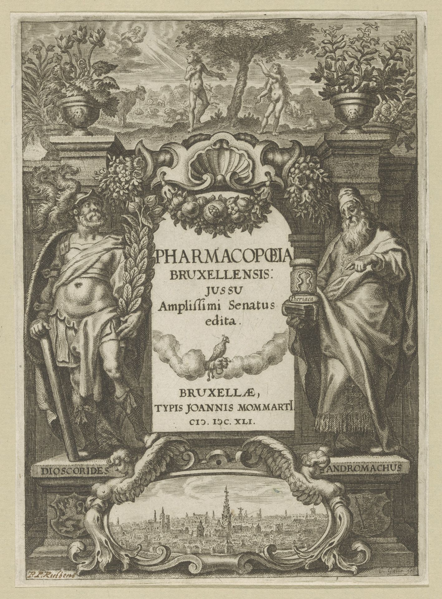 Allegorische titelpagina met de zondeval en twee antieke Griekse artsen by Cornelis Galle I