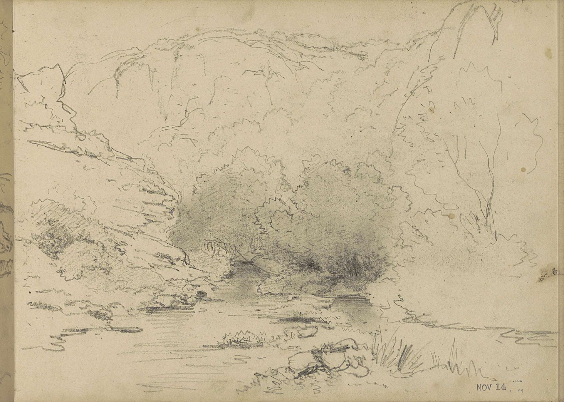 Landschap met bomen, rotsen en een beek by Willem Roelofs