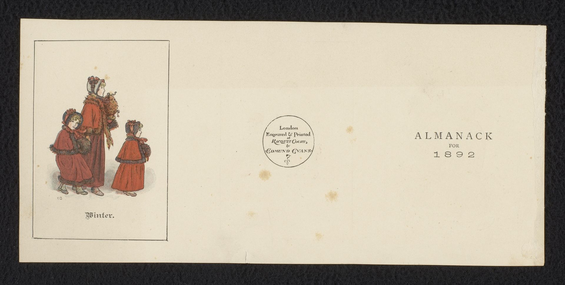 Zes proefdrukken voor 'Kate Greenaway's Almanack for 1892' by Edmund Evans