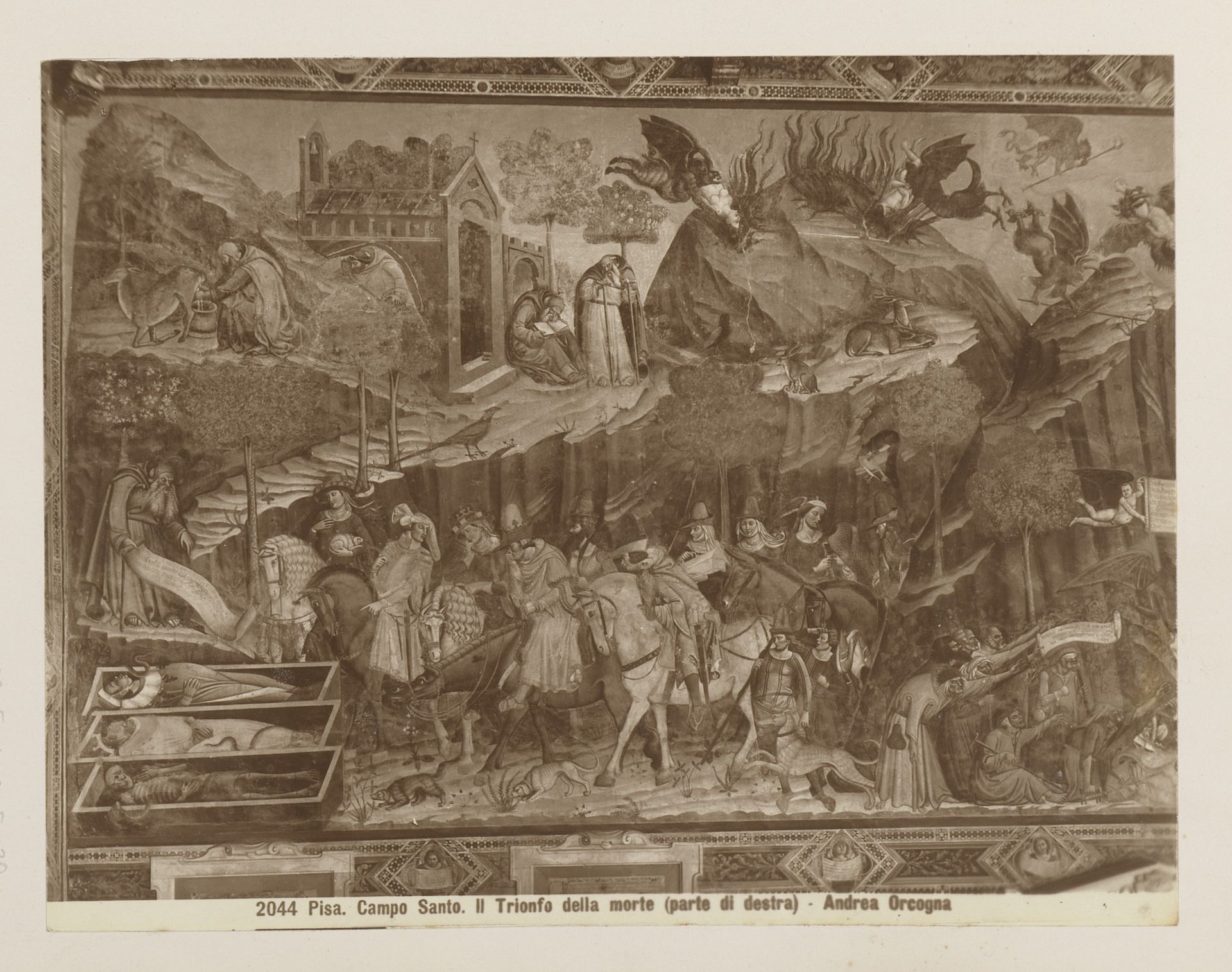 Fotoreproductie van het fresco De triomf der doden naar Andrea di Cione, genaamd Orcagna, in het Camposanto te Pisa, Italië by Giacomo Brogi