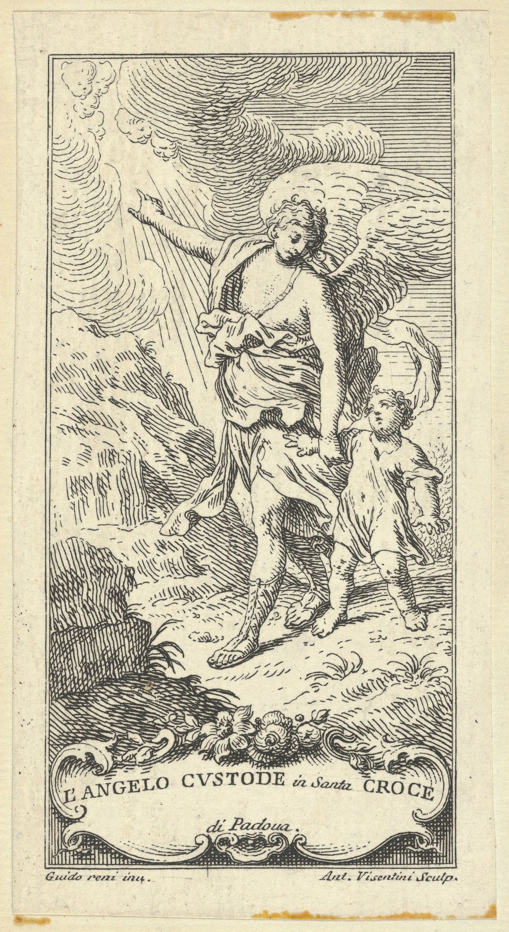 An angel leading a young boy and gesturing to the clouds by Antonio Maria Visentini