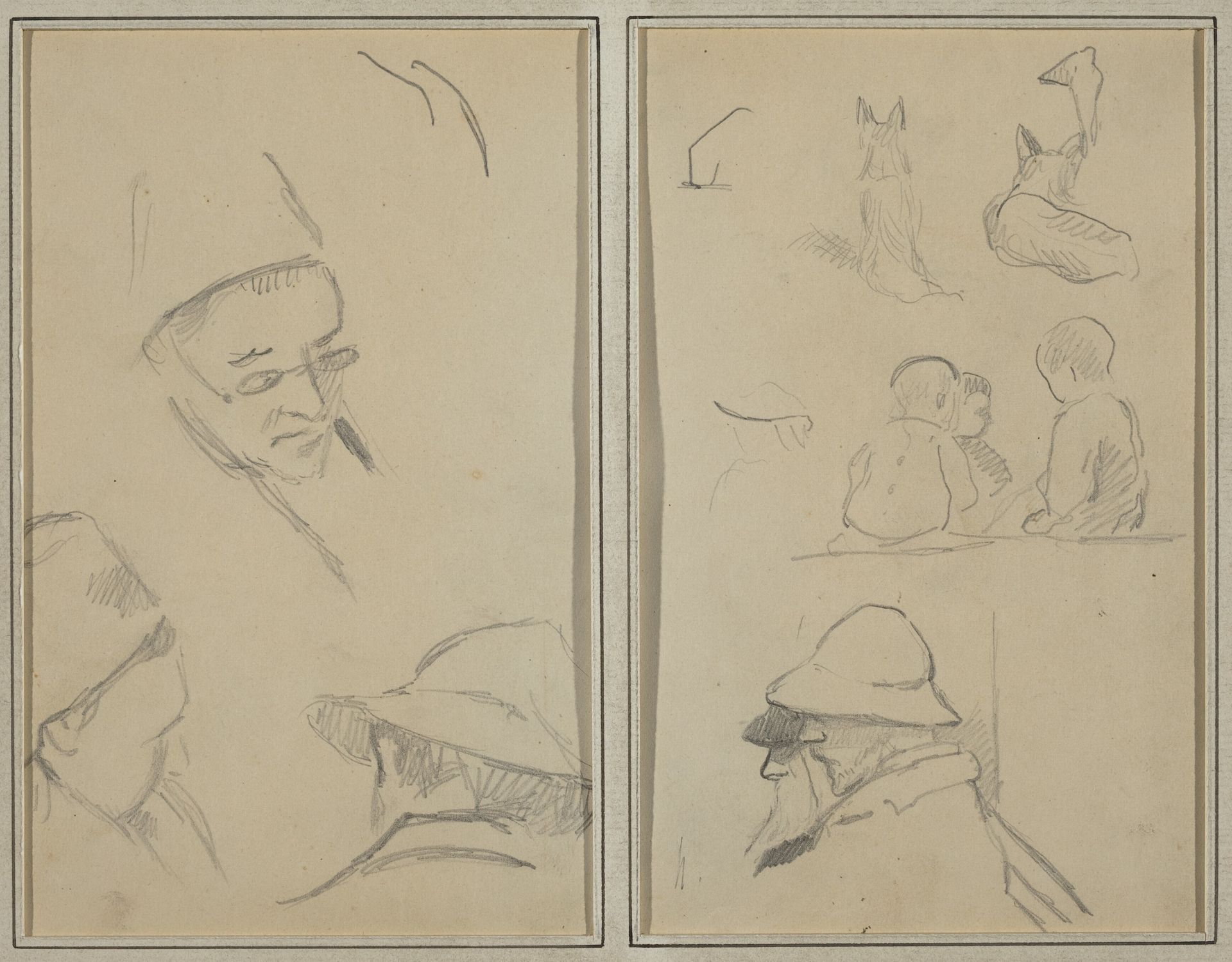 Three Studies of Men's Heads, One with Spectacles; Dogs, Children, and Two Bearded Men in Profile [verso] by Paul Gauguin