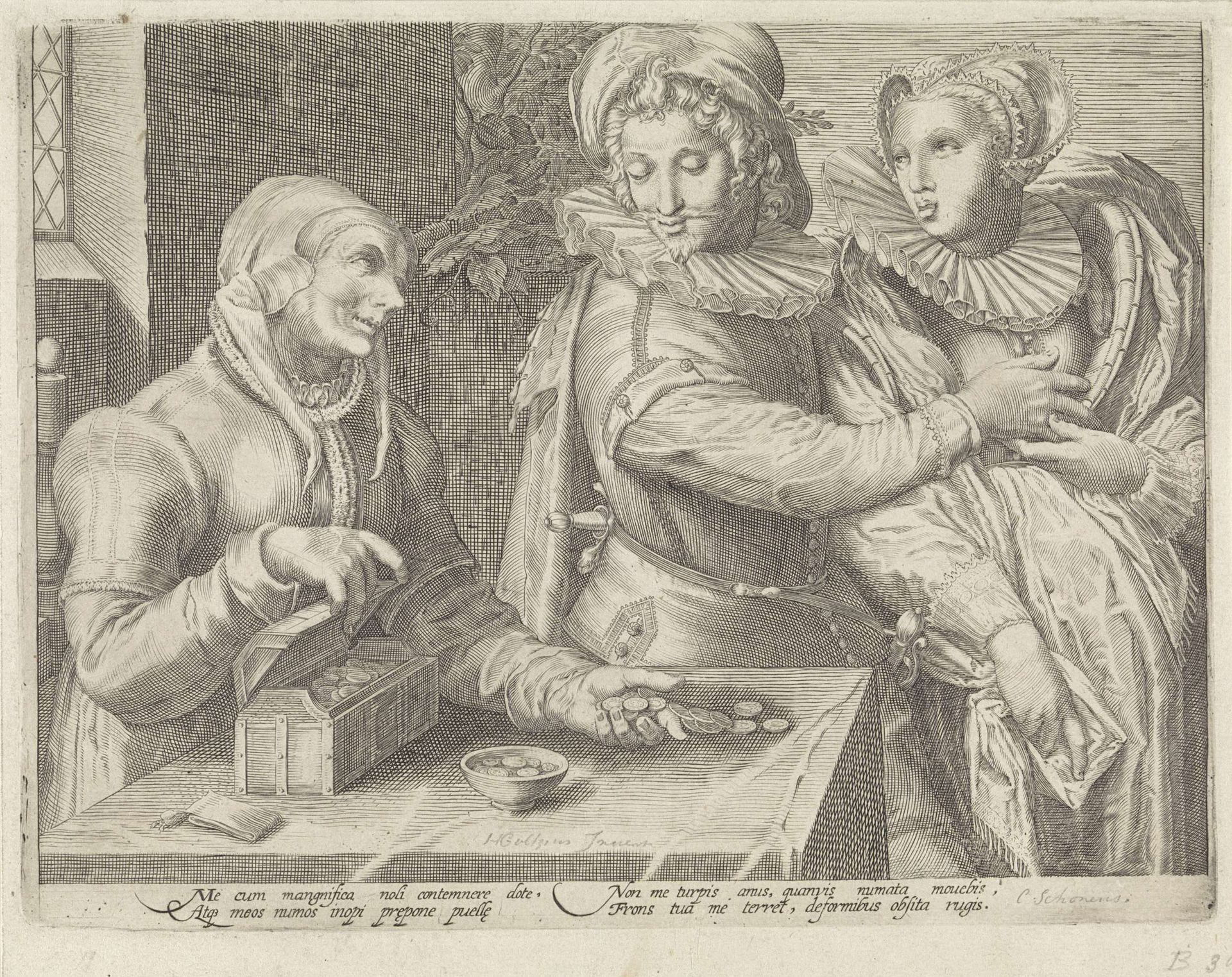 Jong paar en een oude vrouw met geldkist (Ongelijke liefde) by Anonymous