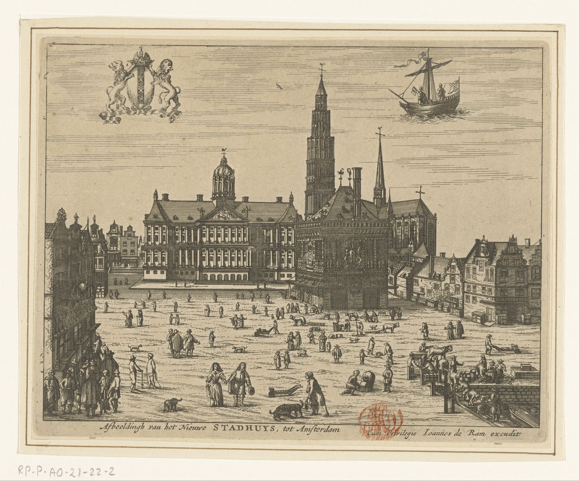 Gezicht op het Stadhuis, de Nieuwe Kerk en de Waag op de Dam te Amsterdam by Anonymous