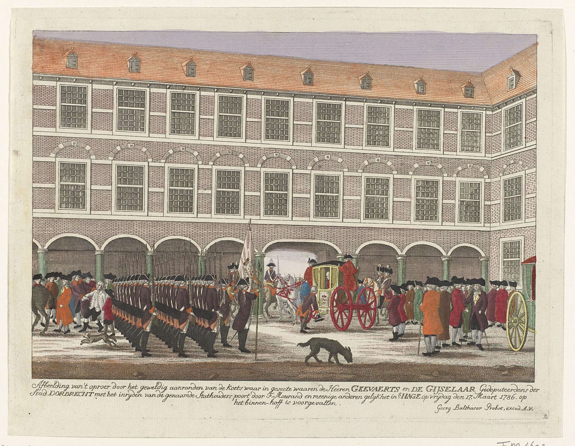 Aanslag op de Gedeputeerden van Dordrecht als zij door de Stadhouderspoort het Binnenhof op rijden, 1786 by Anonymous