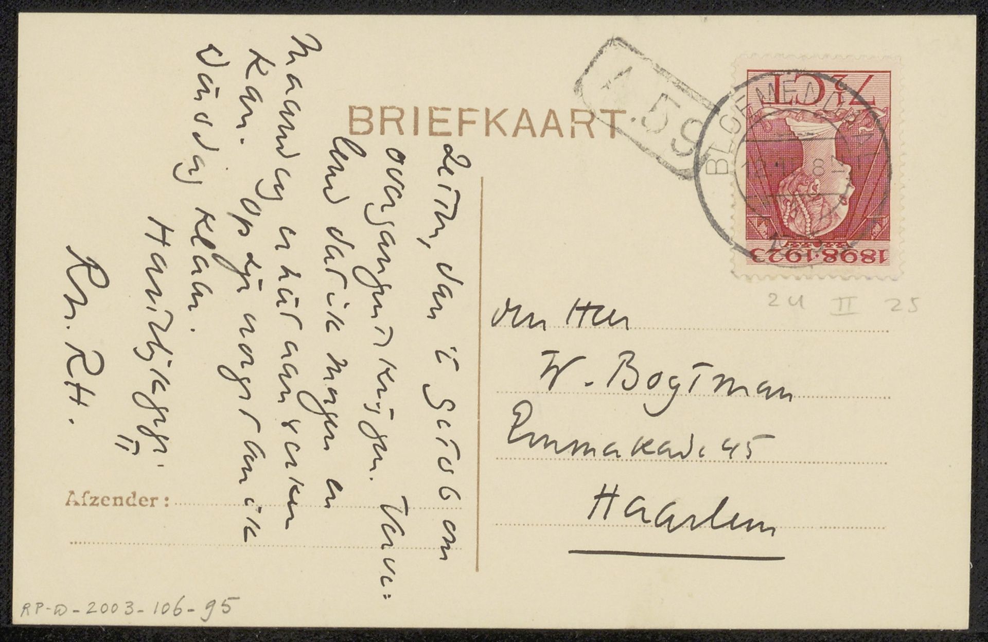 Briefkaart aan Willem Bogtman by Richard Nicolaüs Roland Holst