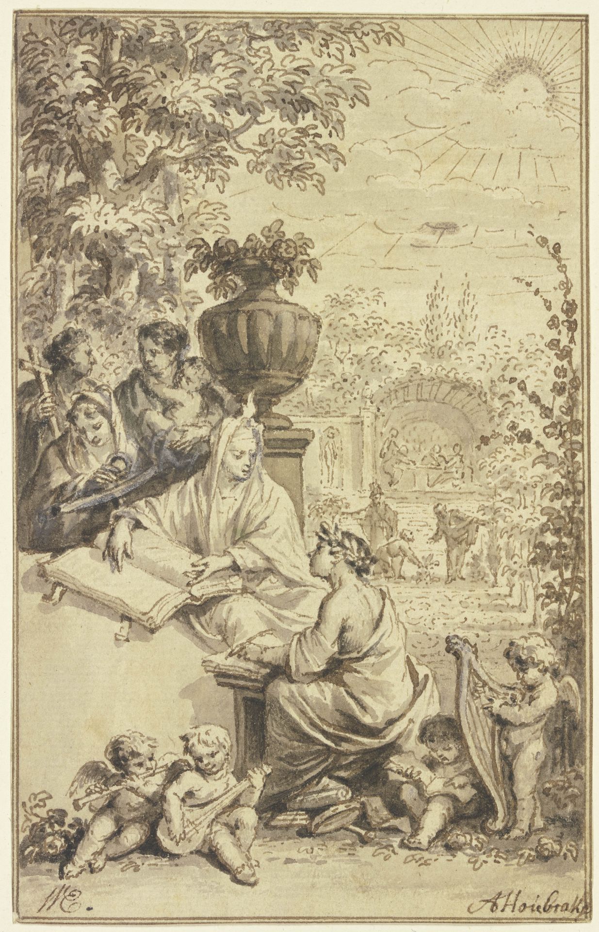 Entwurf für ein Titelblatt_ Klio mit schreibendem Jüngling by Arnold Houbraken