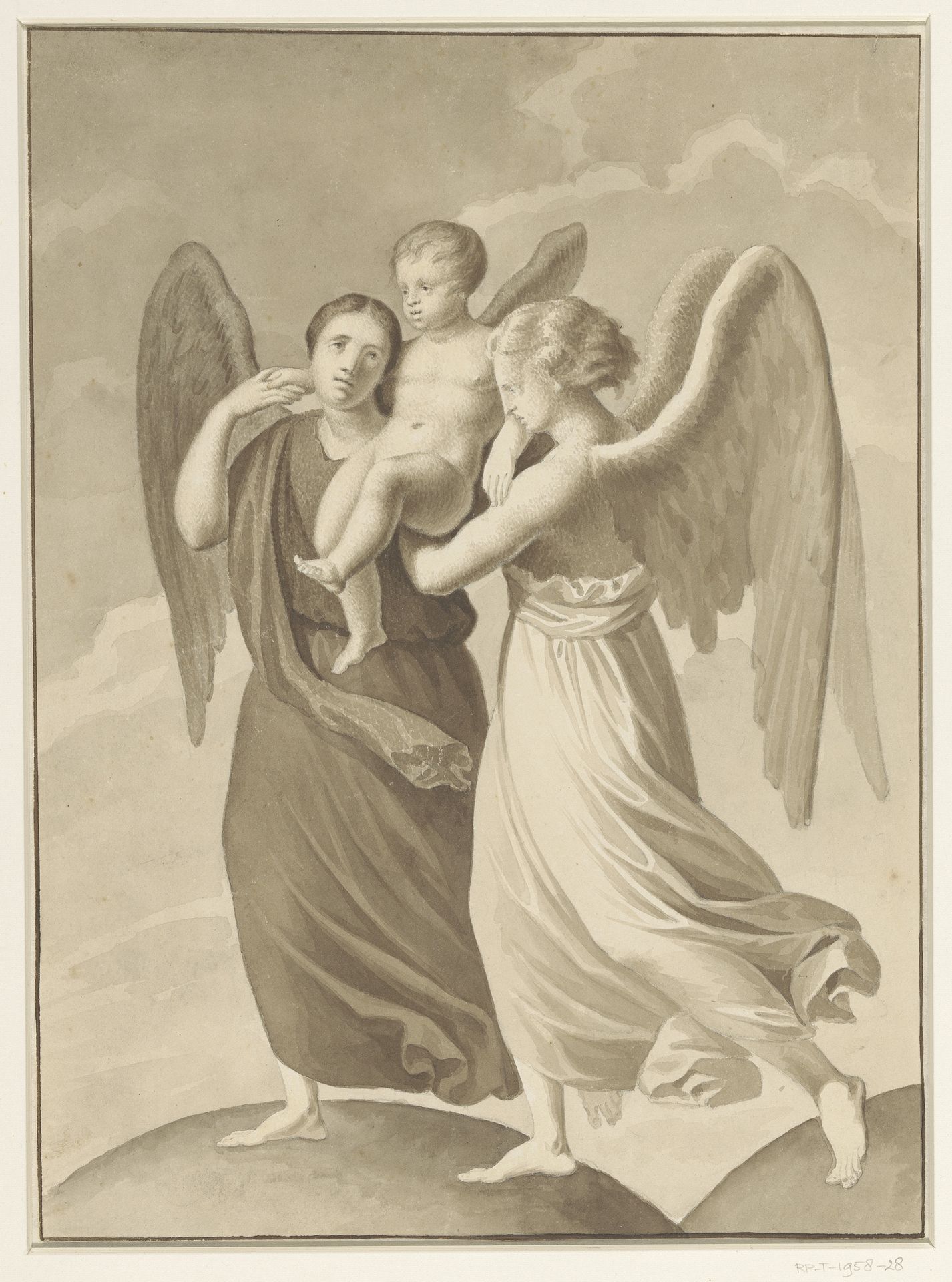 Twee engelen dragen een kind over de scheiding van twee als bollen voorgestelde werelden by Pieter Christoffel Wonder