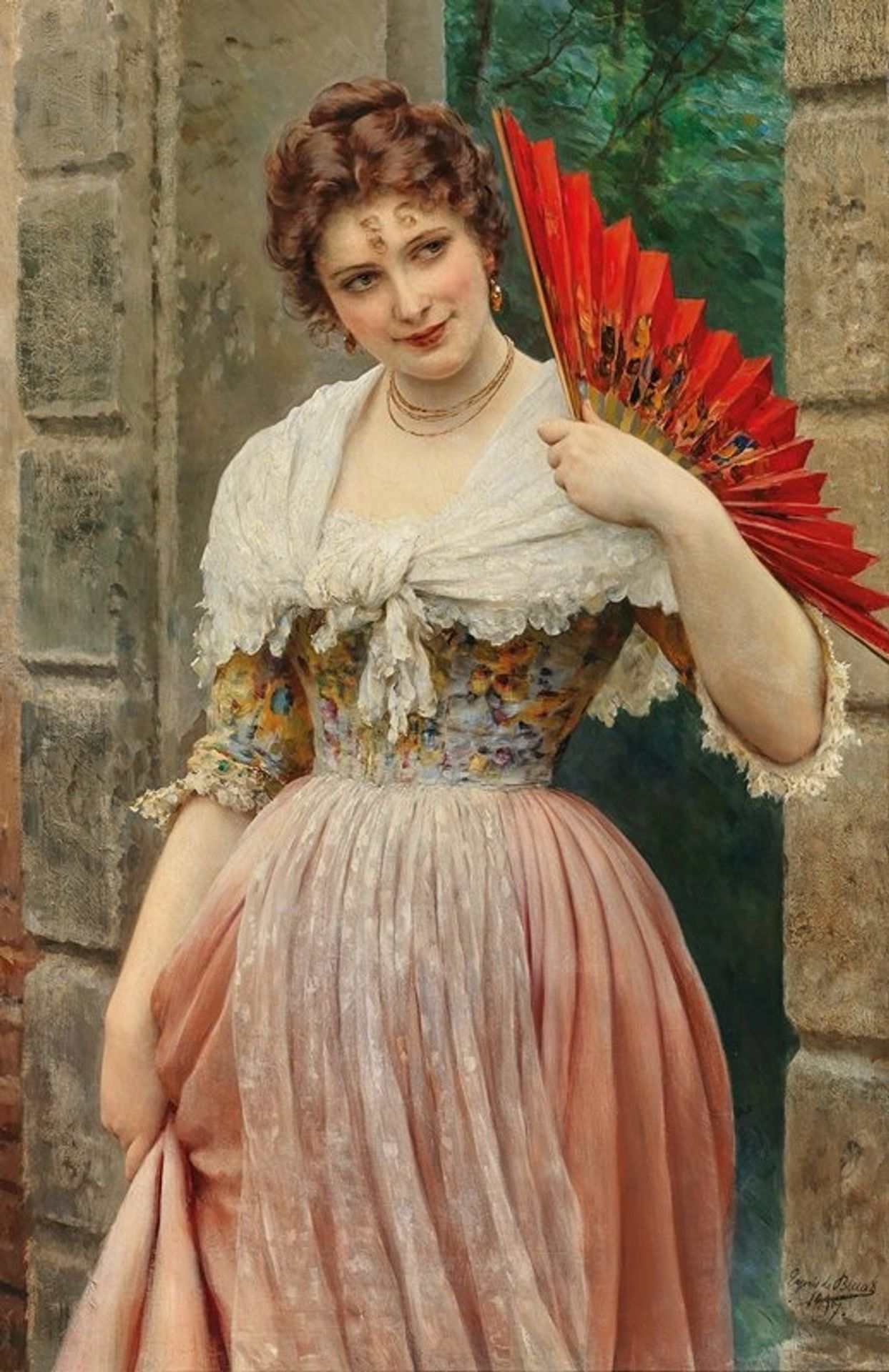 A Young Lady with a Red Fan by Eugen von Blaas