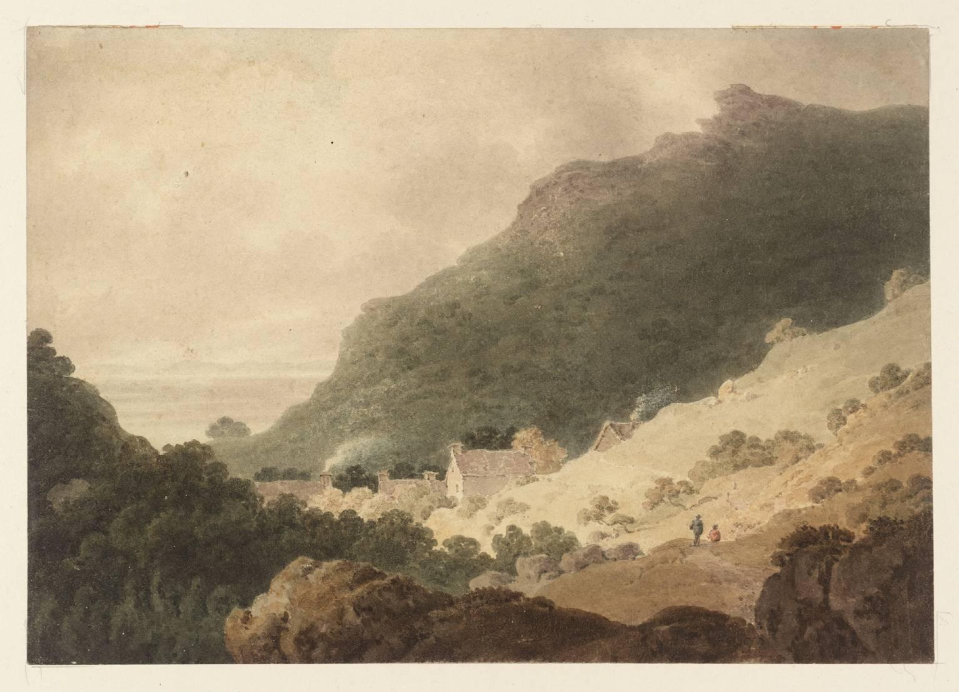 A Village below Hills, the Sea in the Distance by  Thomas Richard Underwood