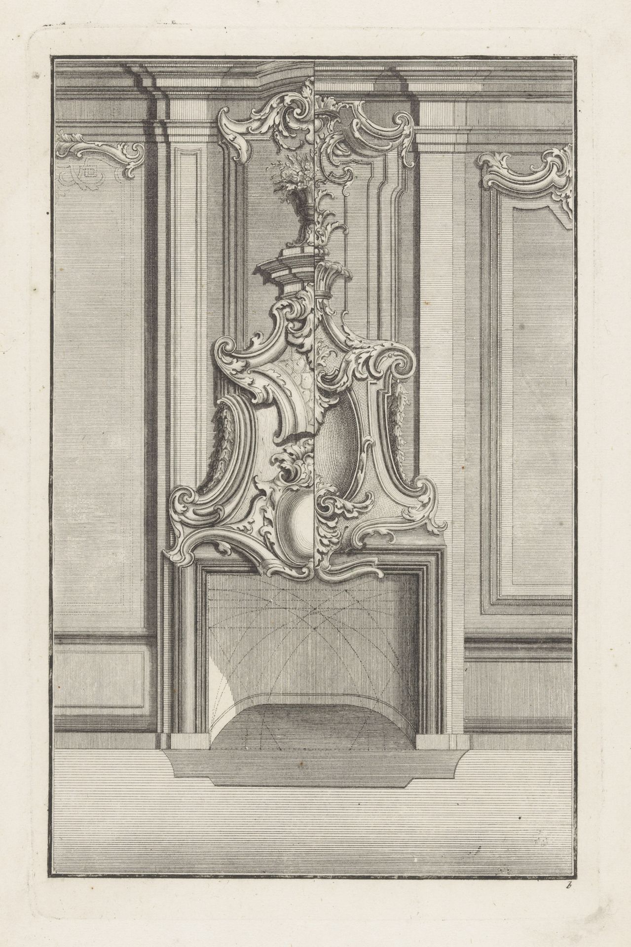 Geornamenteerde schouw met vaas by Anonymous