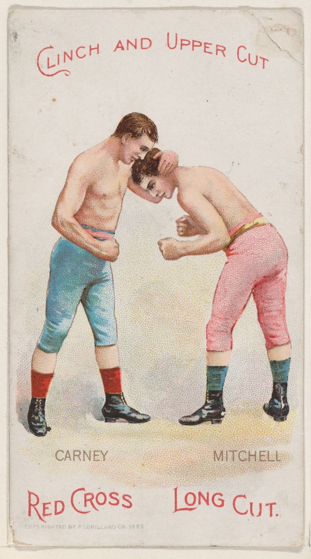 Clinch and Upper Cut, Jemmy Carney and Jemmy Mitchell, from the Boxing Positions and Boxers series (N266) issued by P. Lorillard Company to promote Red Cross Long Cut Tobacco by P. Lorillard Company