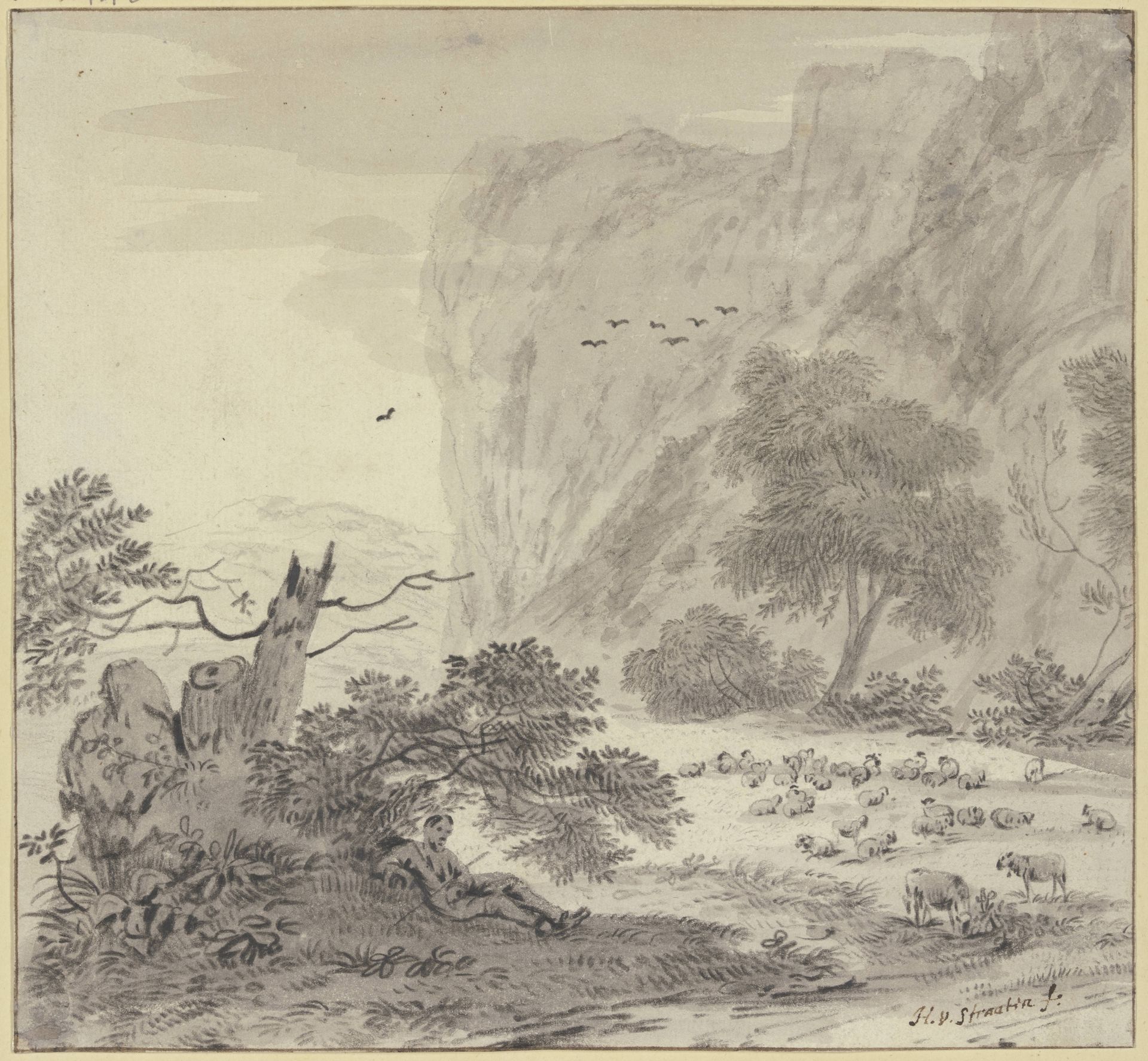 Hohe Felsen, links ruhender Schafhirte by Hendrik van der Straaten