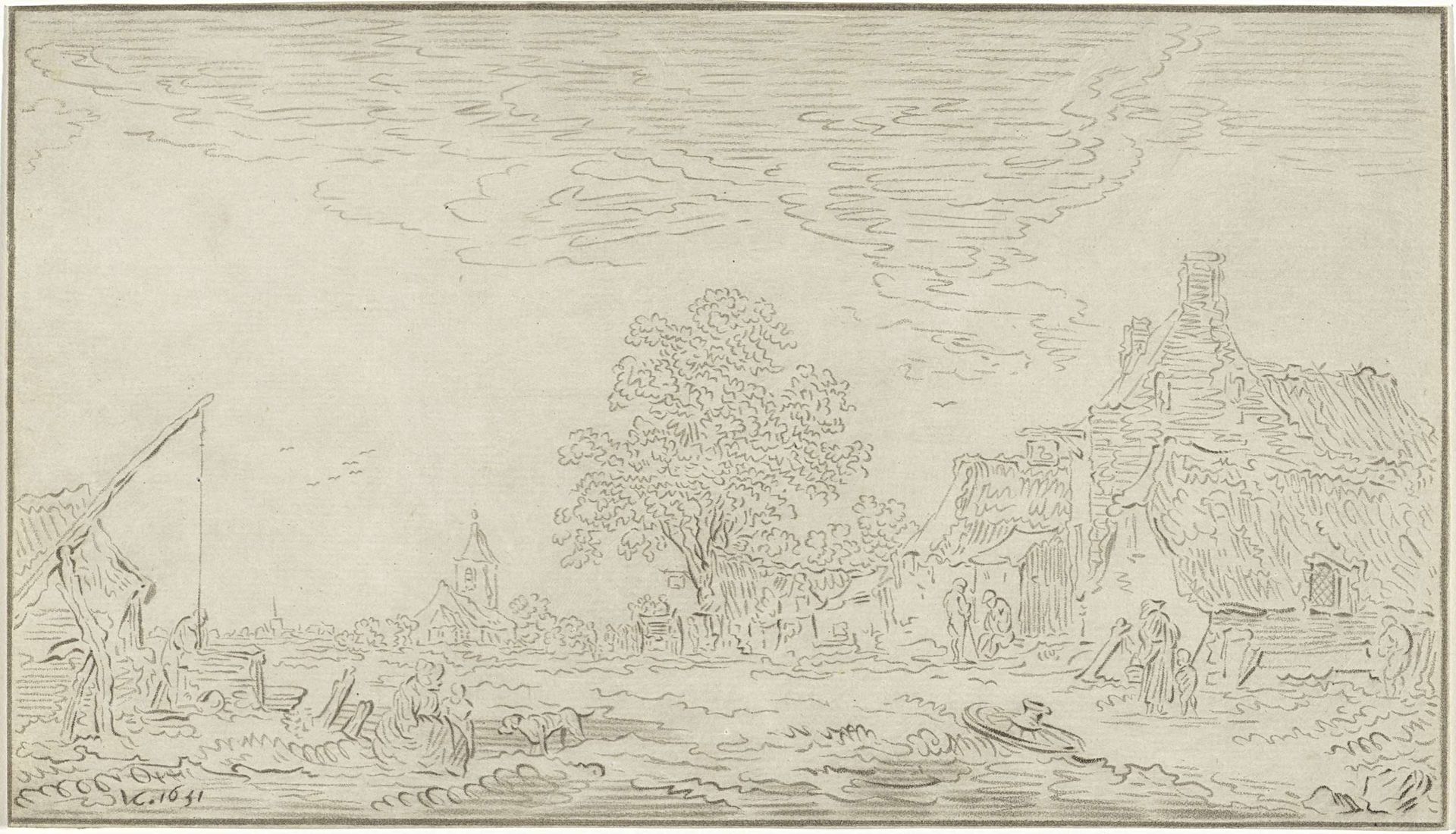 Gezicht op een dorp met links een waterput by Bernhard Schreuder