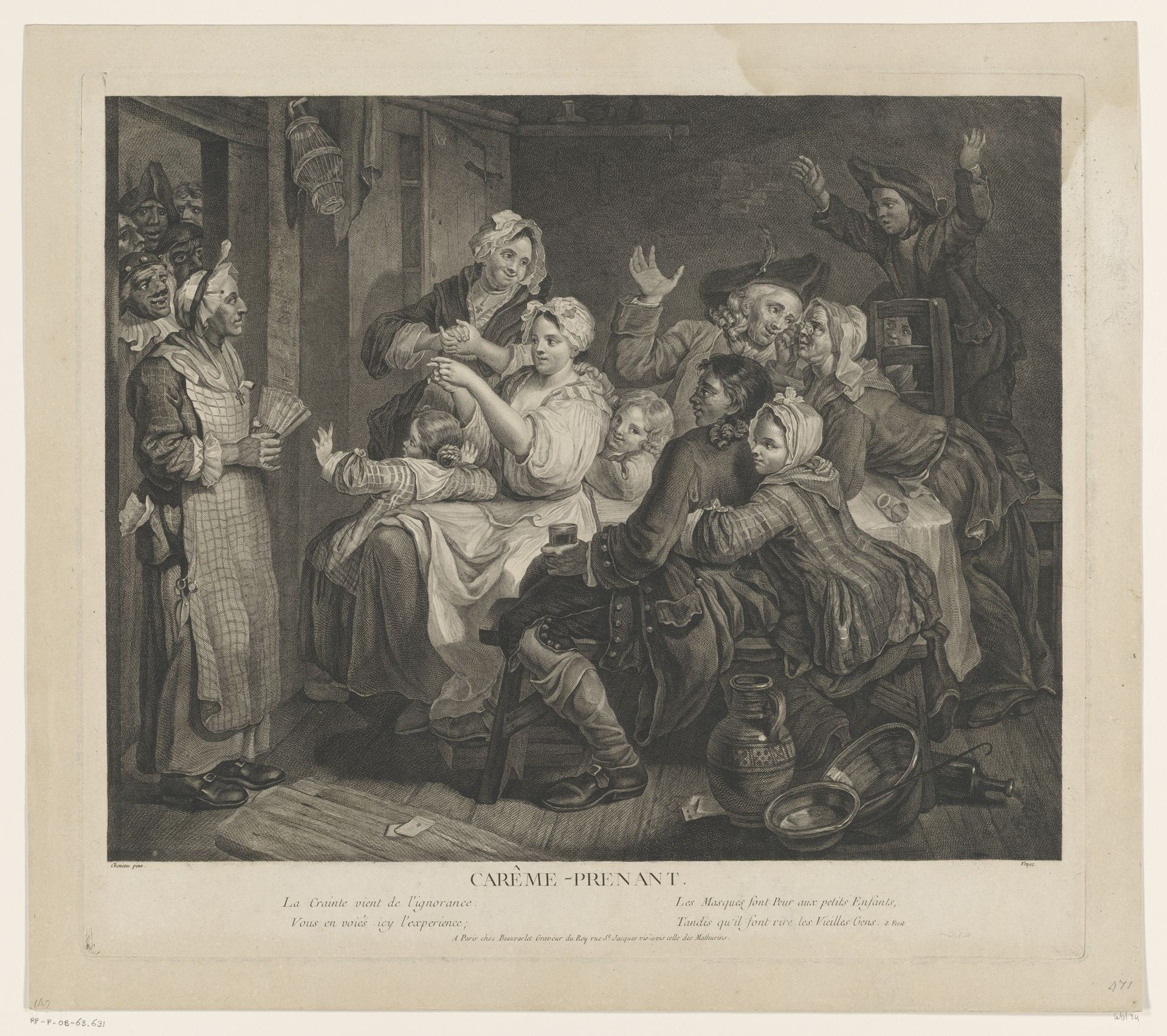 Interieur met kinderen en volwassenen rond een tafel tijdens carnaval by Nicolas Joseph Voyez