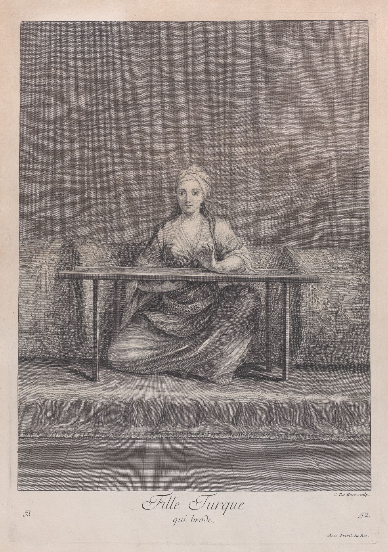 Fille Turque, qui brode, plate 52 from "Recueil de cent estampes représentent differentes nations du Levant" by Jean Baptiste Vanmour