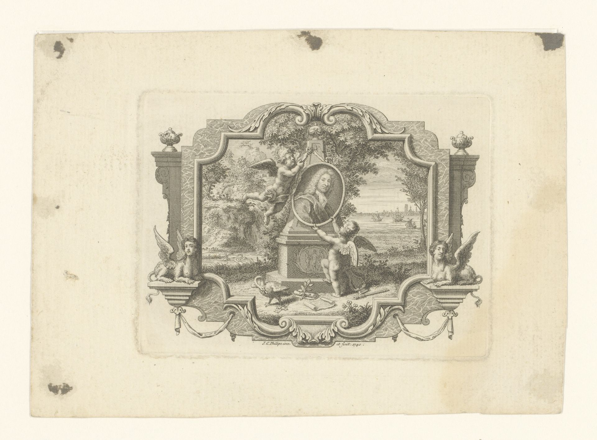Twee putti bevestigen portret van Pieter Rabus aan gedenkmonument by Jan Caspar Philips
