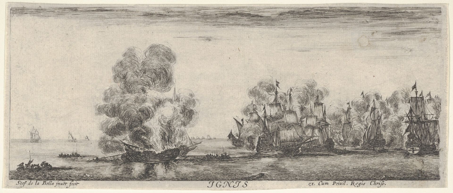 Fire, a flotilla on fire in center and to the right, two boats full of people to left, from 'The four elements' (Les quatre Eléments) by Stefano della Bella