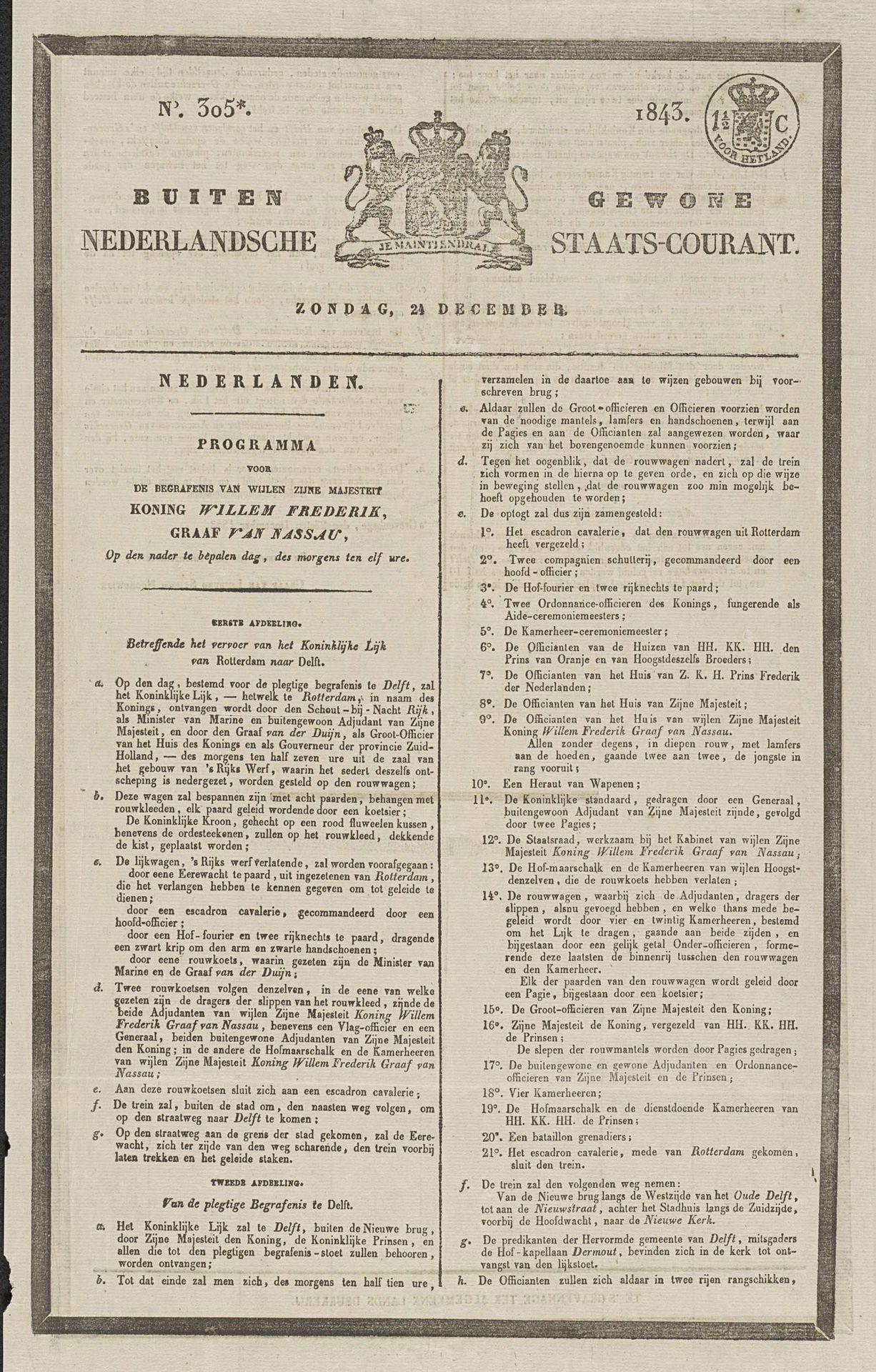 Buitengewone Nederlandsche Staats-Courant. Zondag, 24 December. No. 305*. 1843 by Algemeene Landsdrukkerij