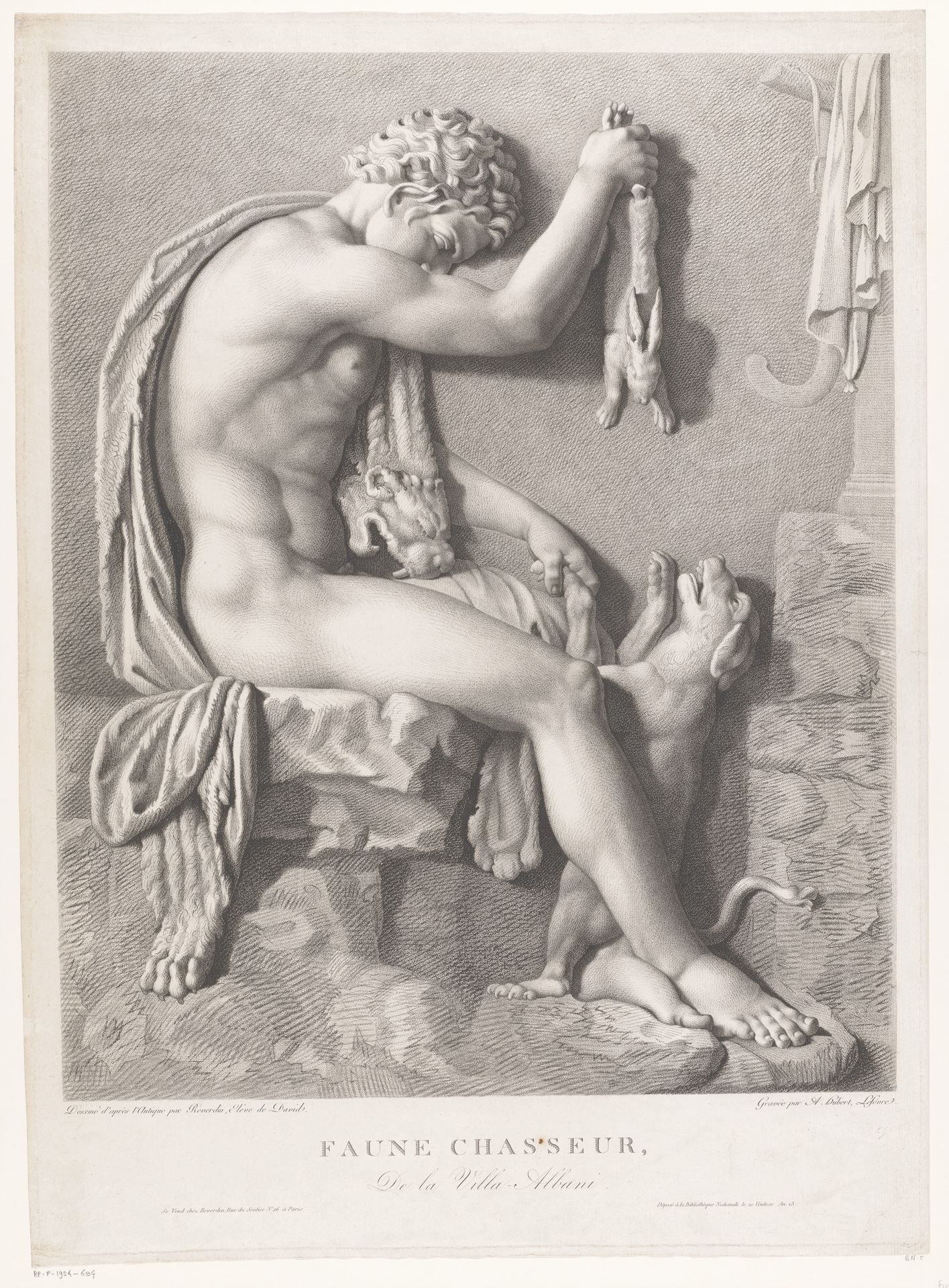 Faun houdt een konijn boven een hond by Hubert Lefèvre