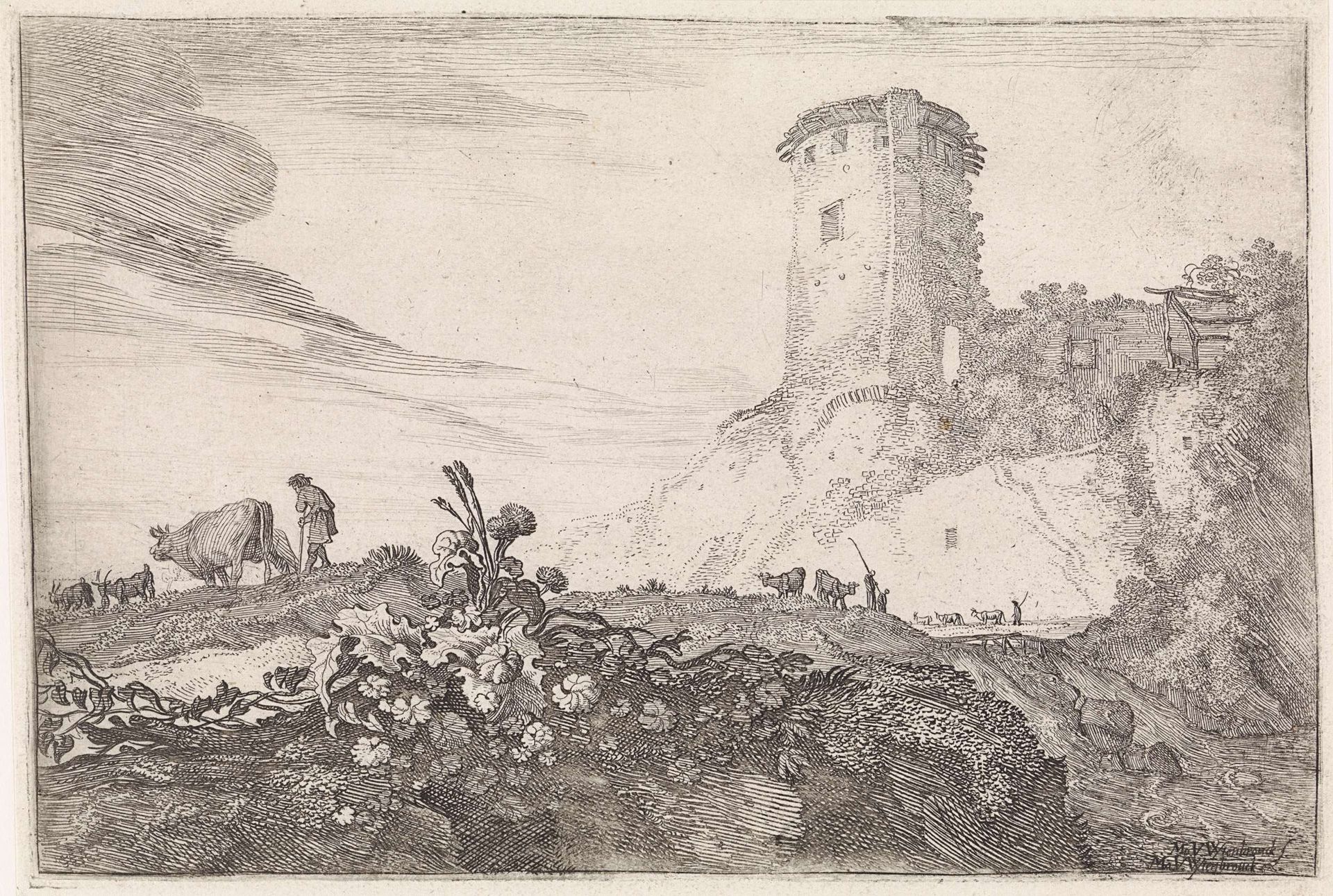 Landschap met ronde toren by Moyses van Wtenbrouck