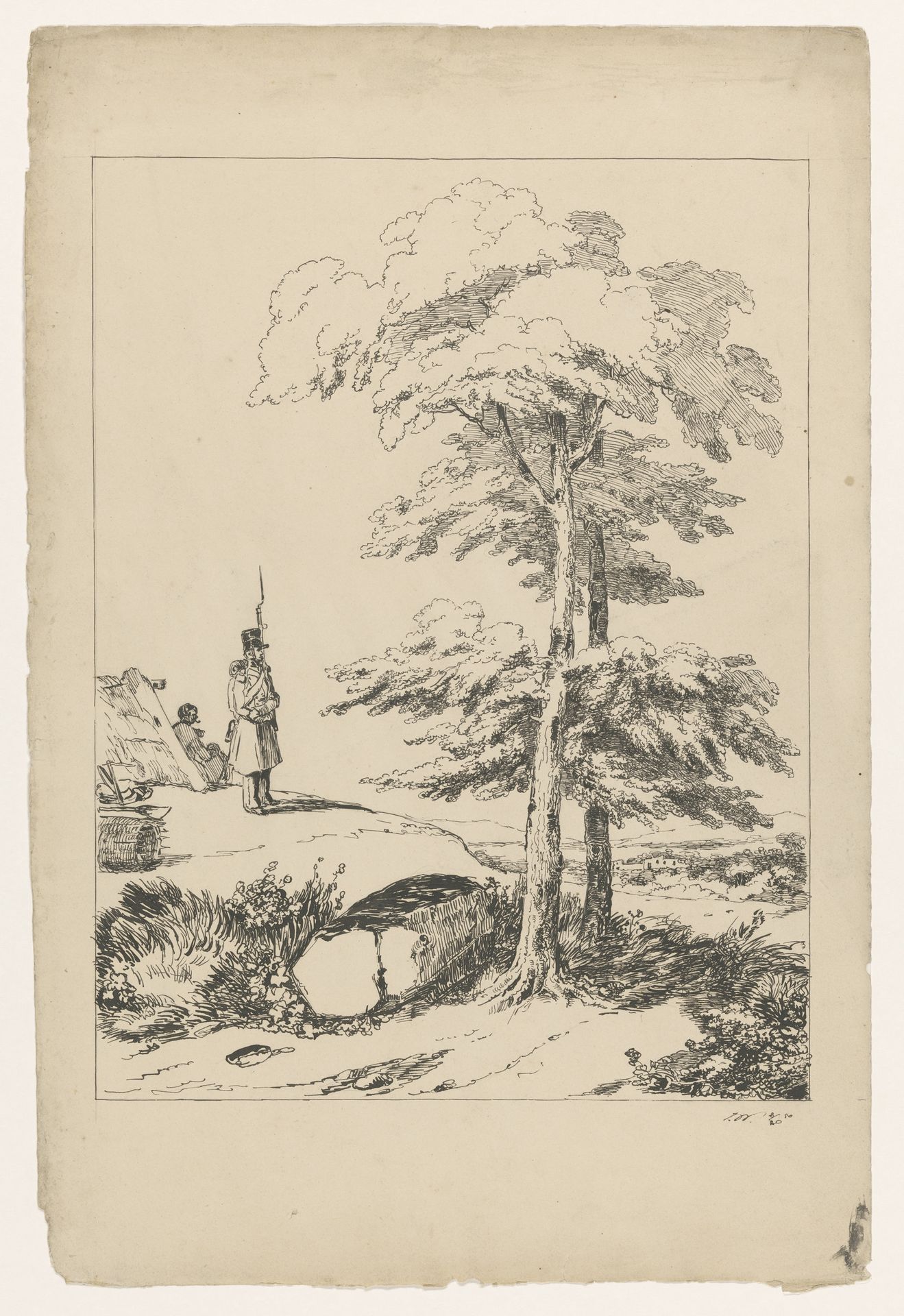 Landschap met soldaat op wacht voor een tent by Isaac Weissenbruch