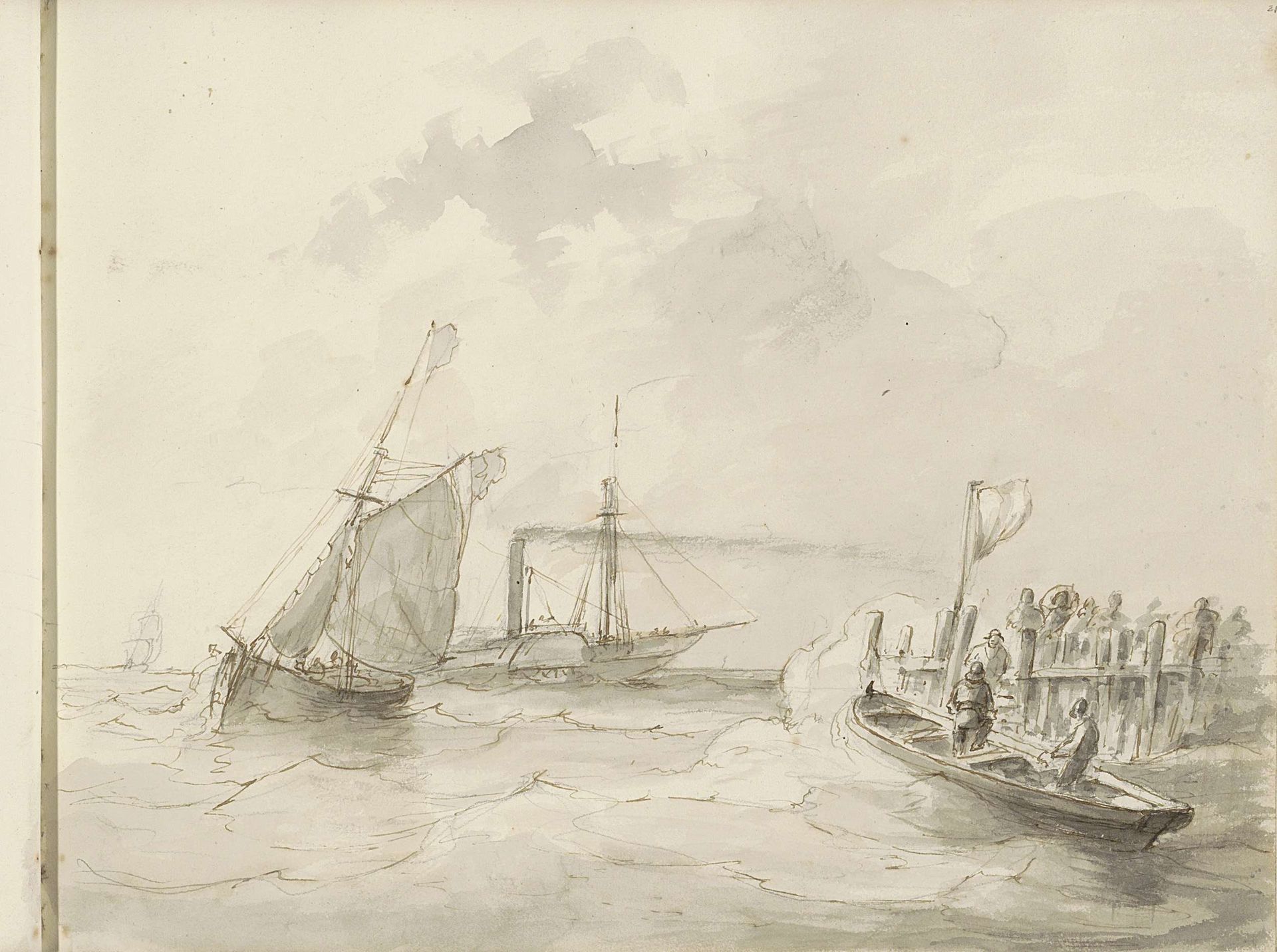 Zeilschepen voor een kust by Petrus Johannes Schotel