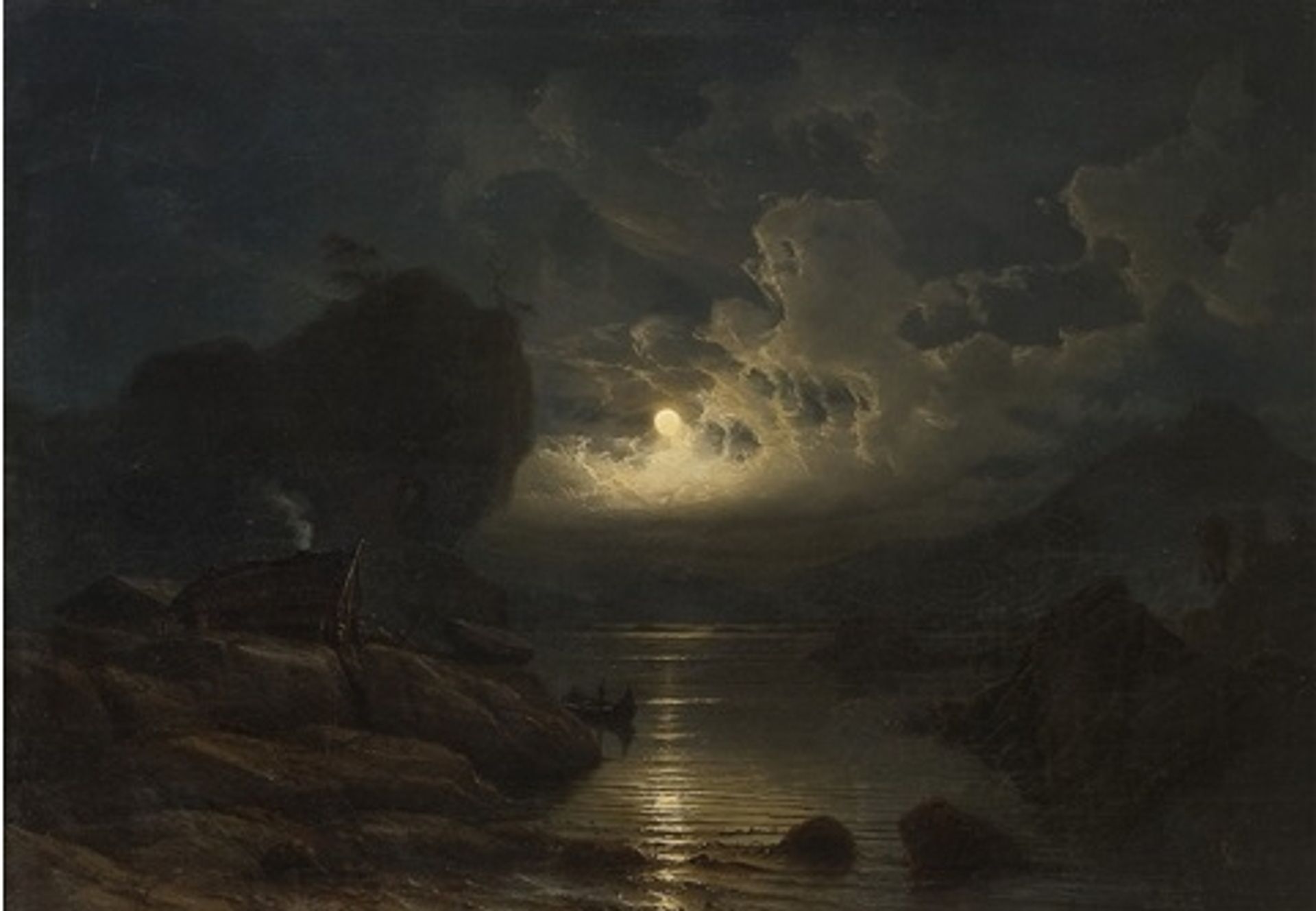 Coastal landscape with people living in moonlight by Knud Baade