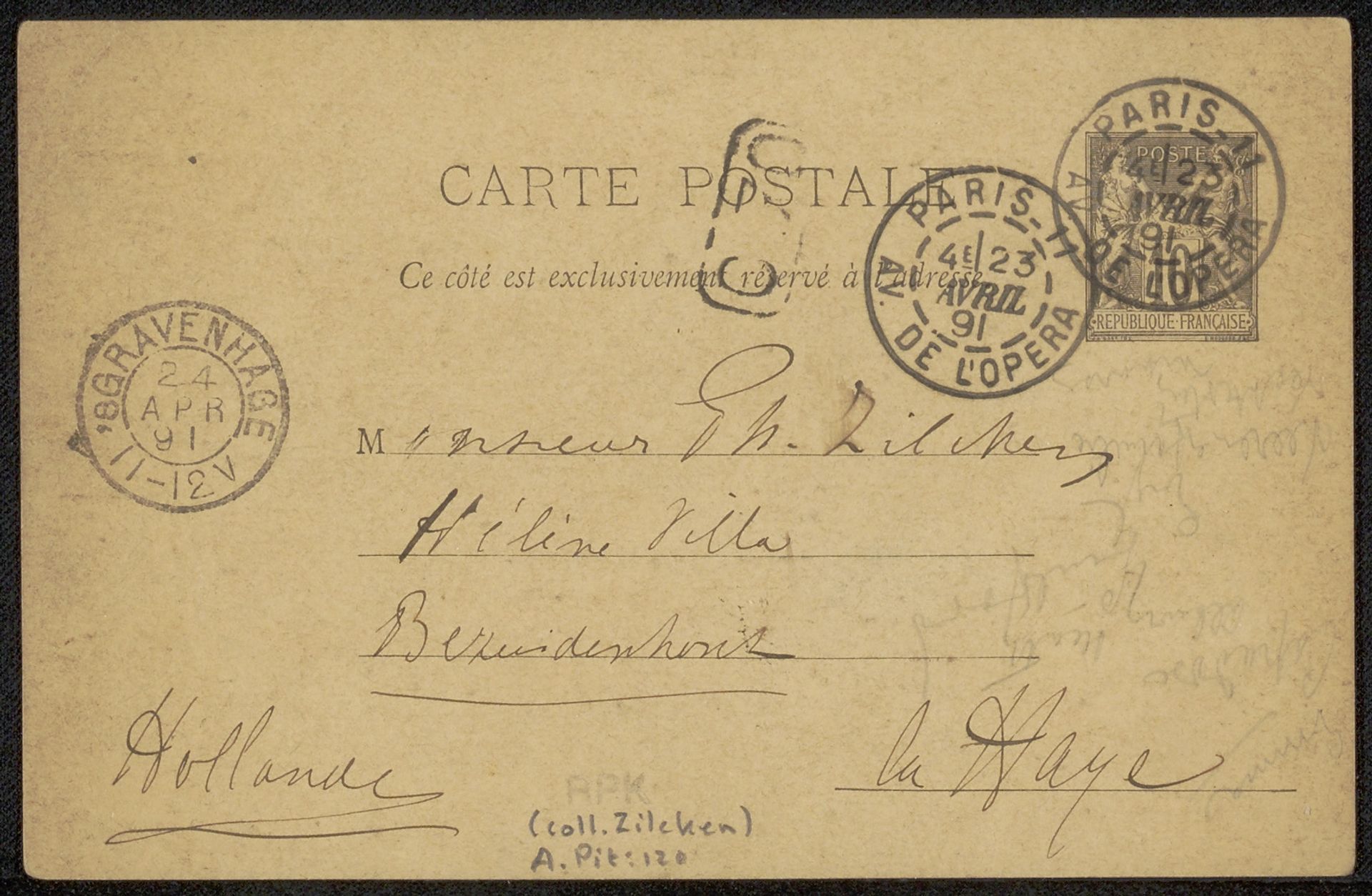 Briefkaart aan Philip Zilcken by Adriaan Pit
