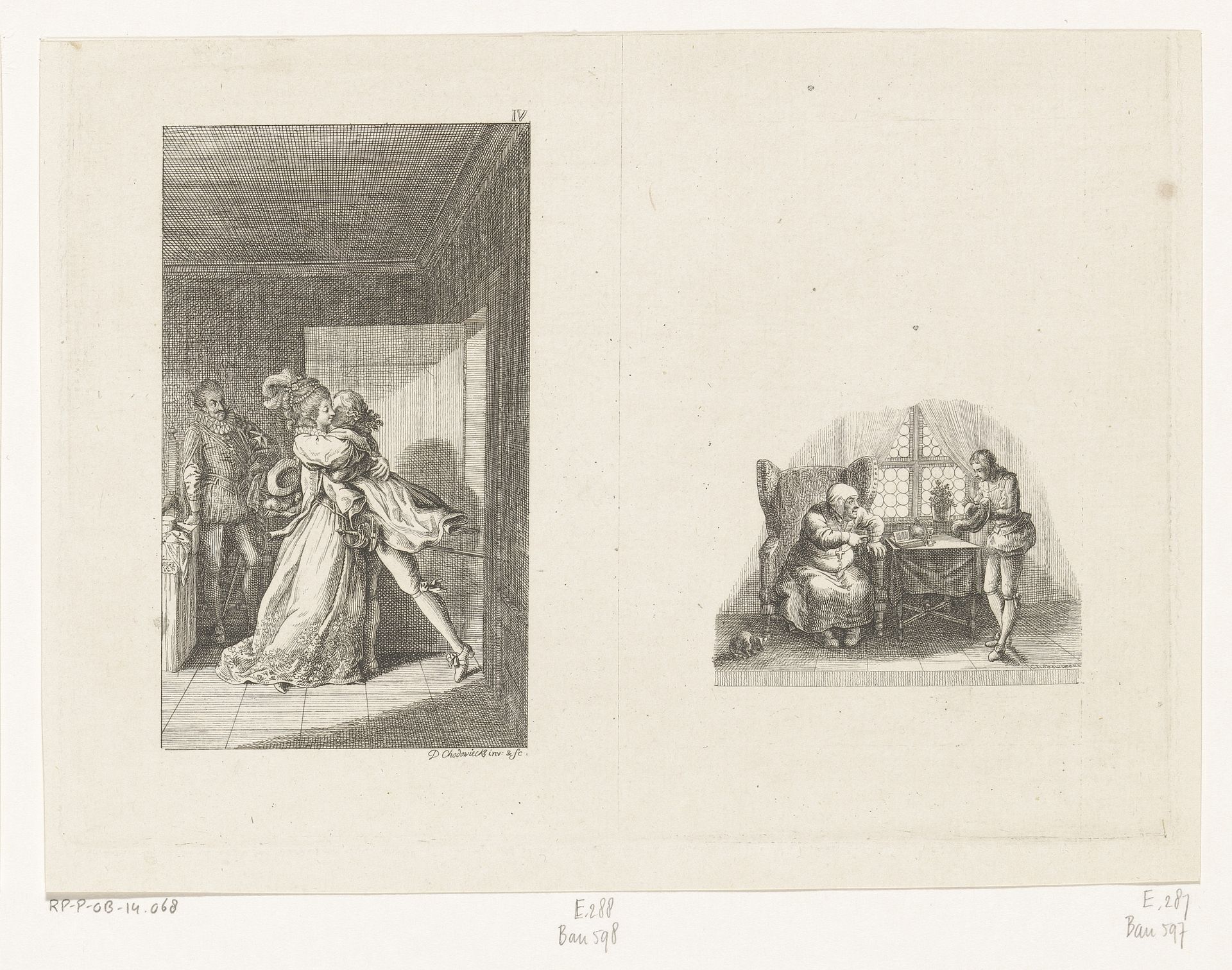 Gil Blas omhelst Estella en vignet met Gil Blas en de aartsbisschop van Granada by Daniel Nikolaus Chodowiecki
