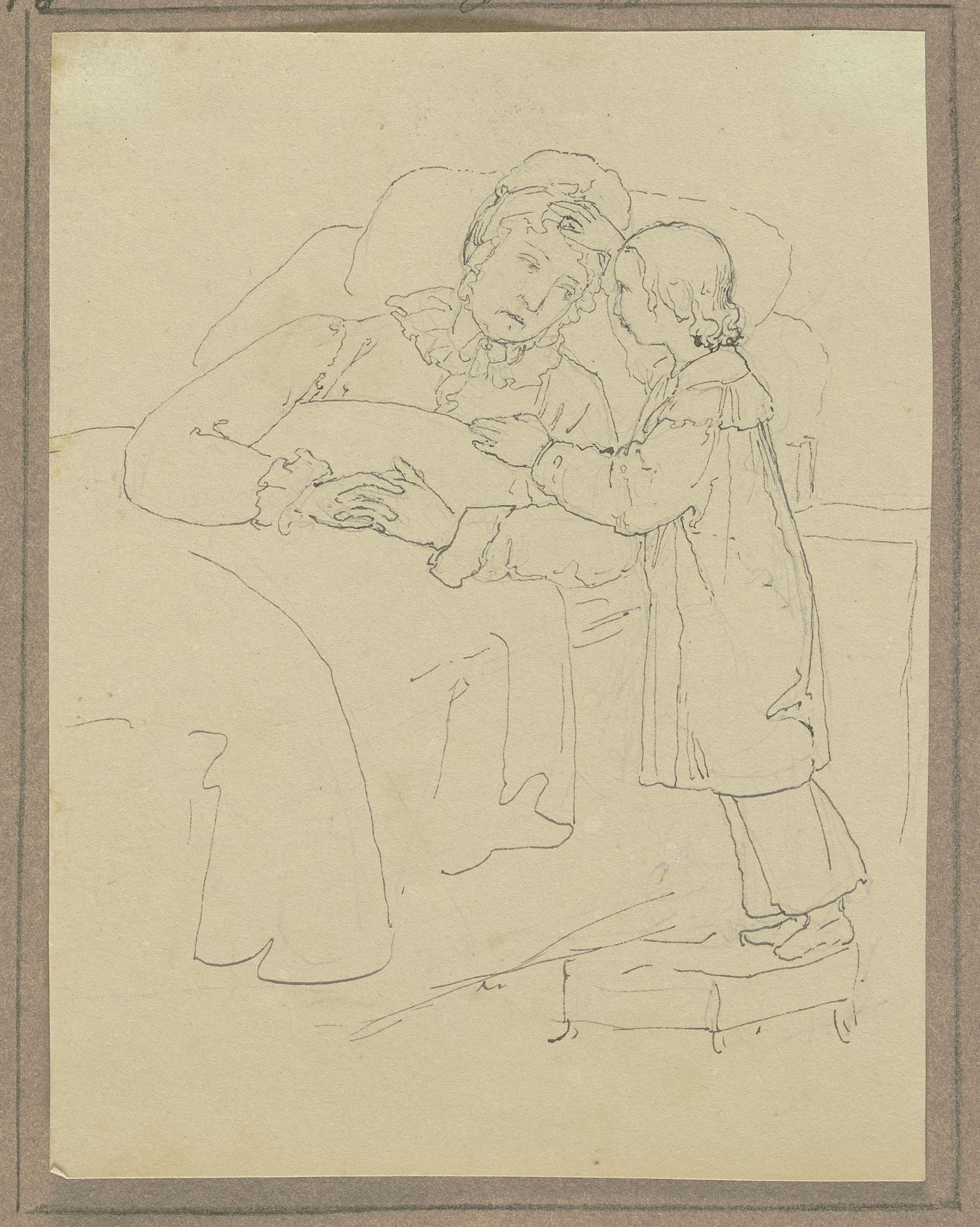 Mutter im Bett liegend, mit dem vor ihr stehenden Kind sprechend by Marie Ellenrieder