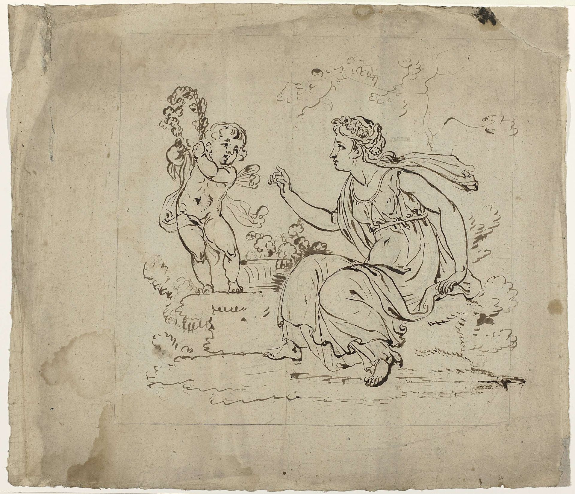 Arcadisch tafereel met een vrouw en een putto by Abraham van Strij