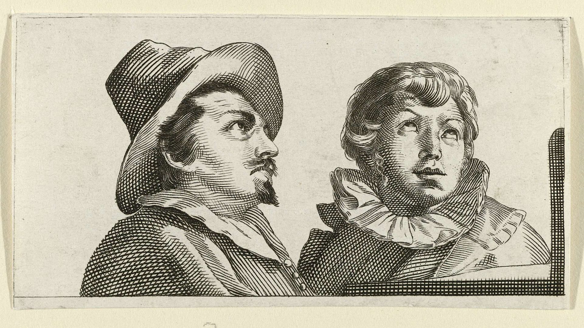 Twee mannen die het beeld Hercules Farnese bekijken by Anonymous
