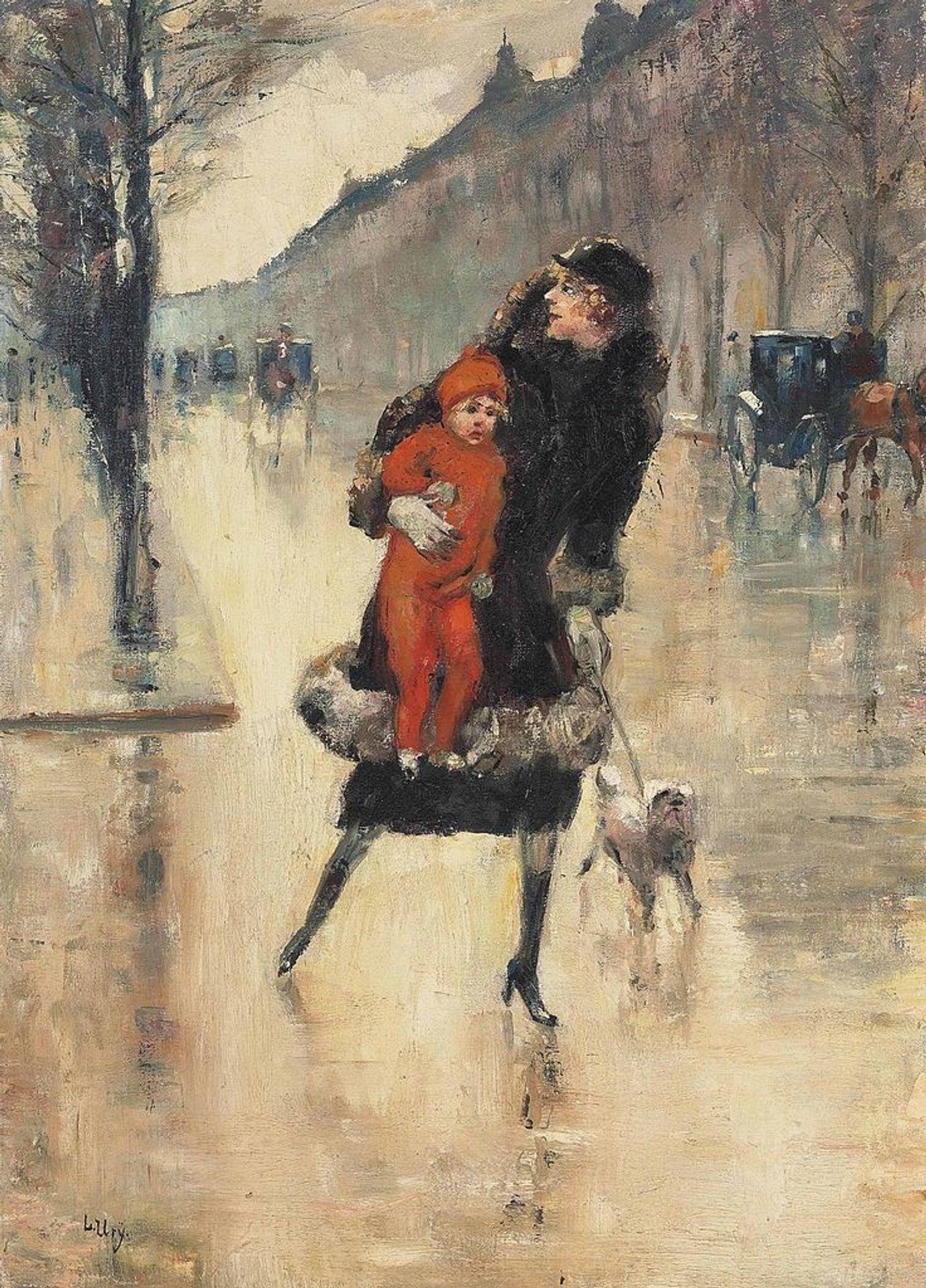 Mutter mit Kind auf einer Strassenkreuzung by Lesser Ury